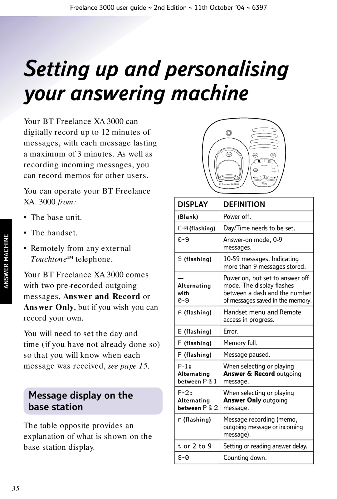 BT XA 3000 manual Setting up and personalising your answering machine, Message display on the base station 