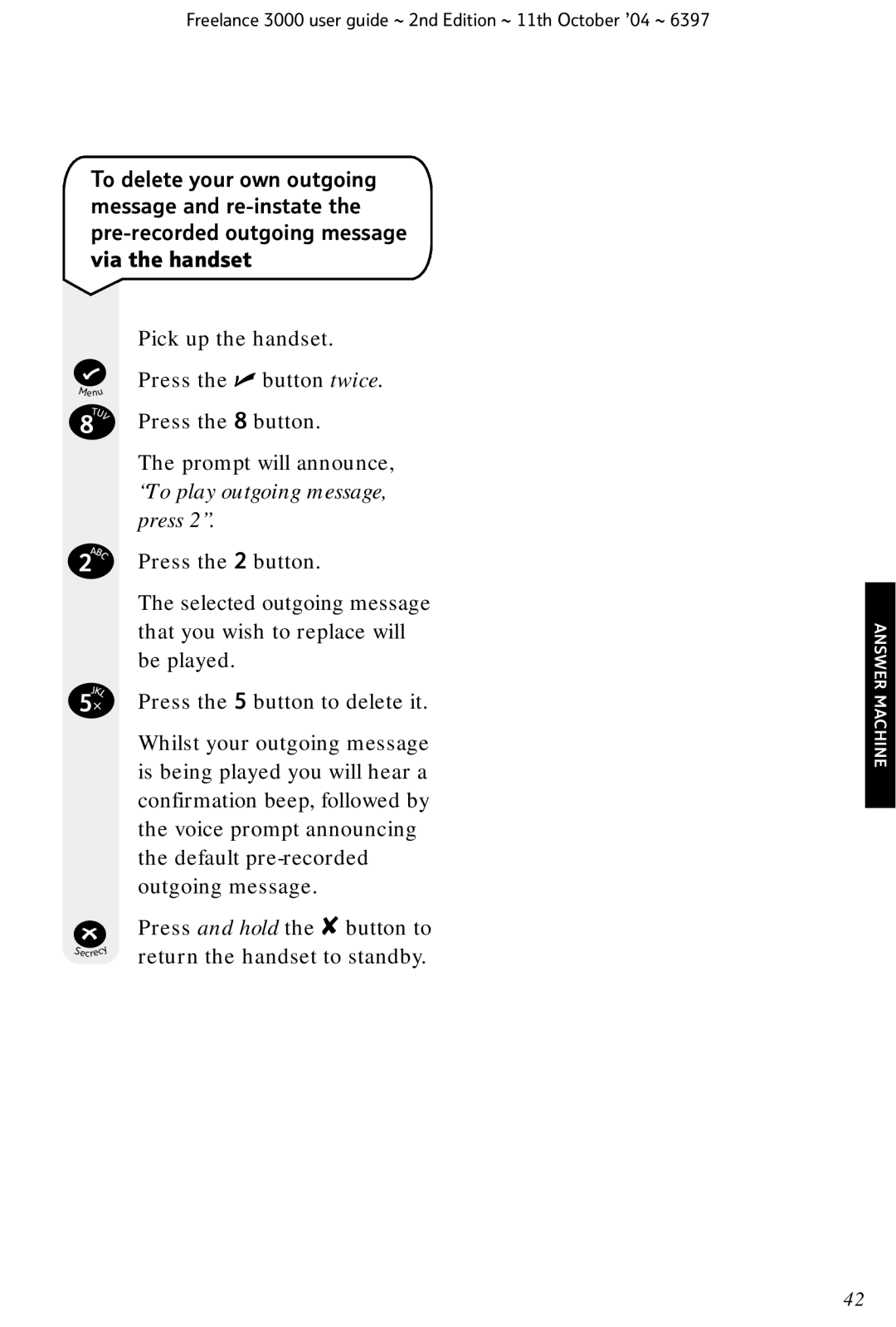 BT XA 3000 manual Return the handset to standby 