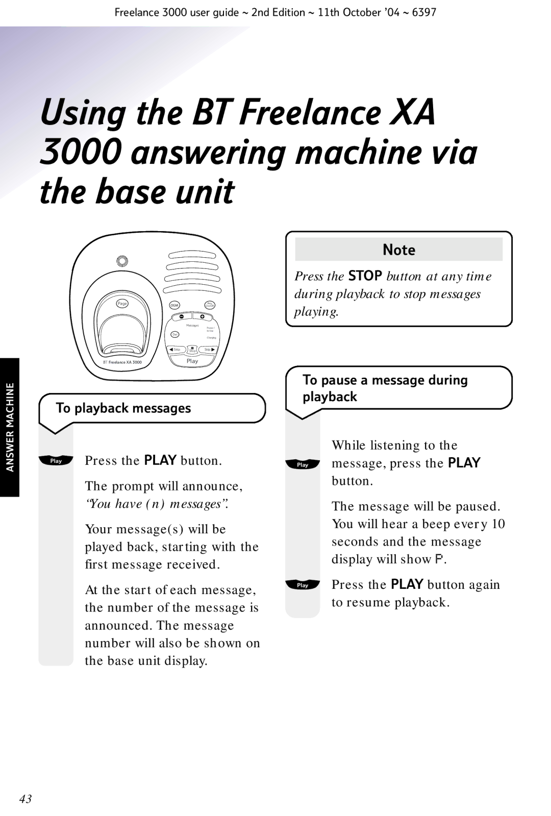 BT XA 3000 manual To playback messages, To pause a message during playback 