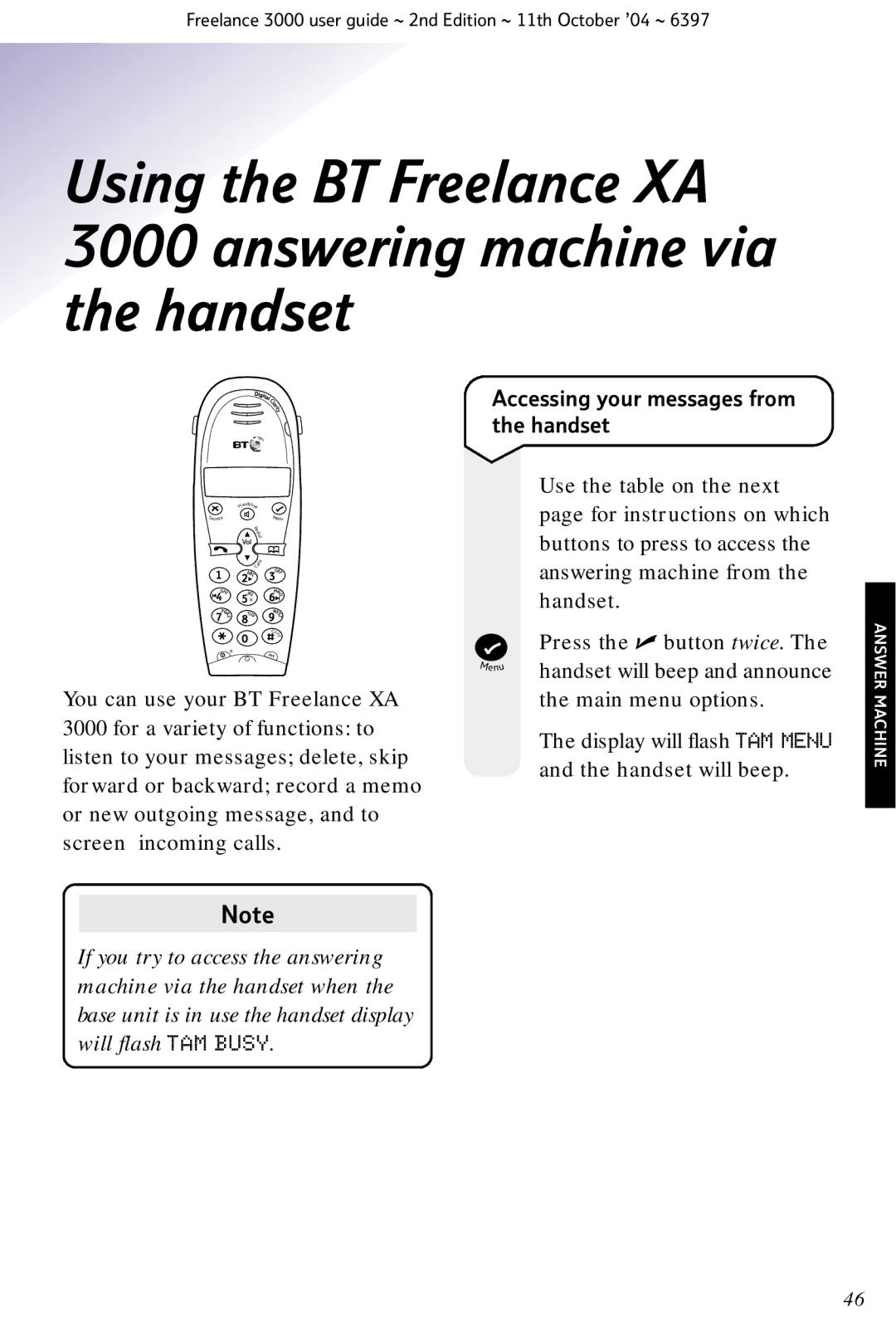 BT XA 3000 manual Accessing your messages from the handset 