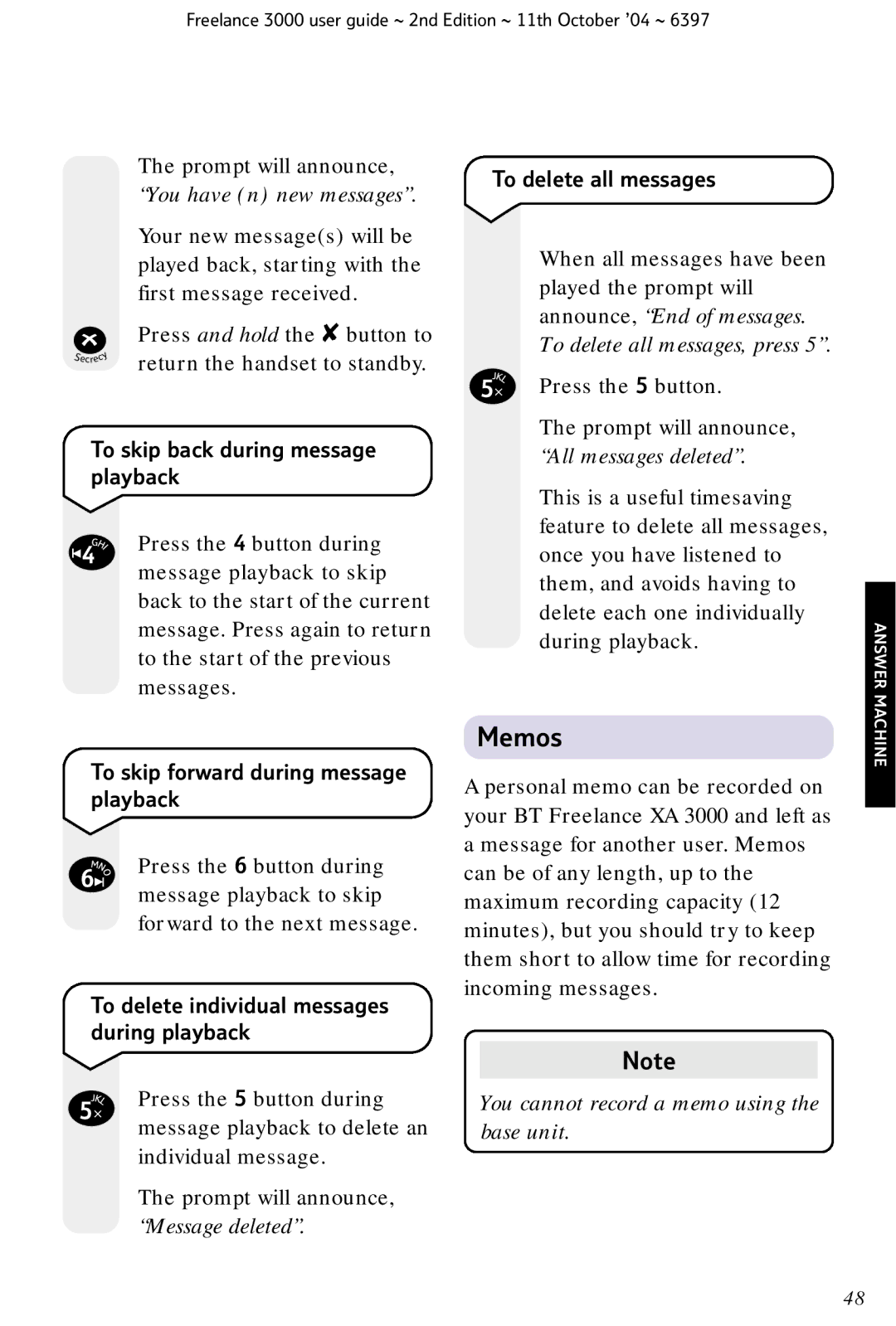 BT XA 3000 Memos, To skip back during message playback To delete all messages, To skip forward during message playback 