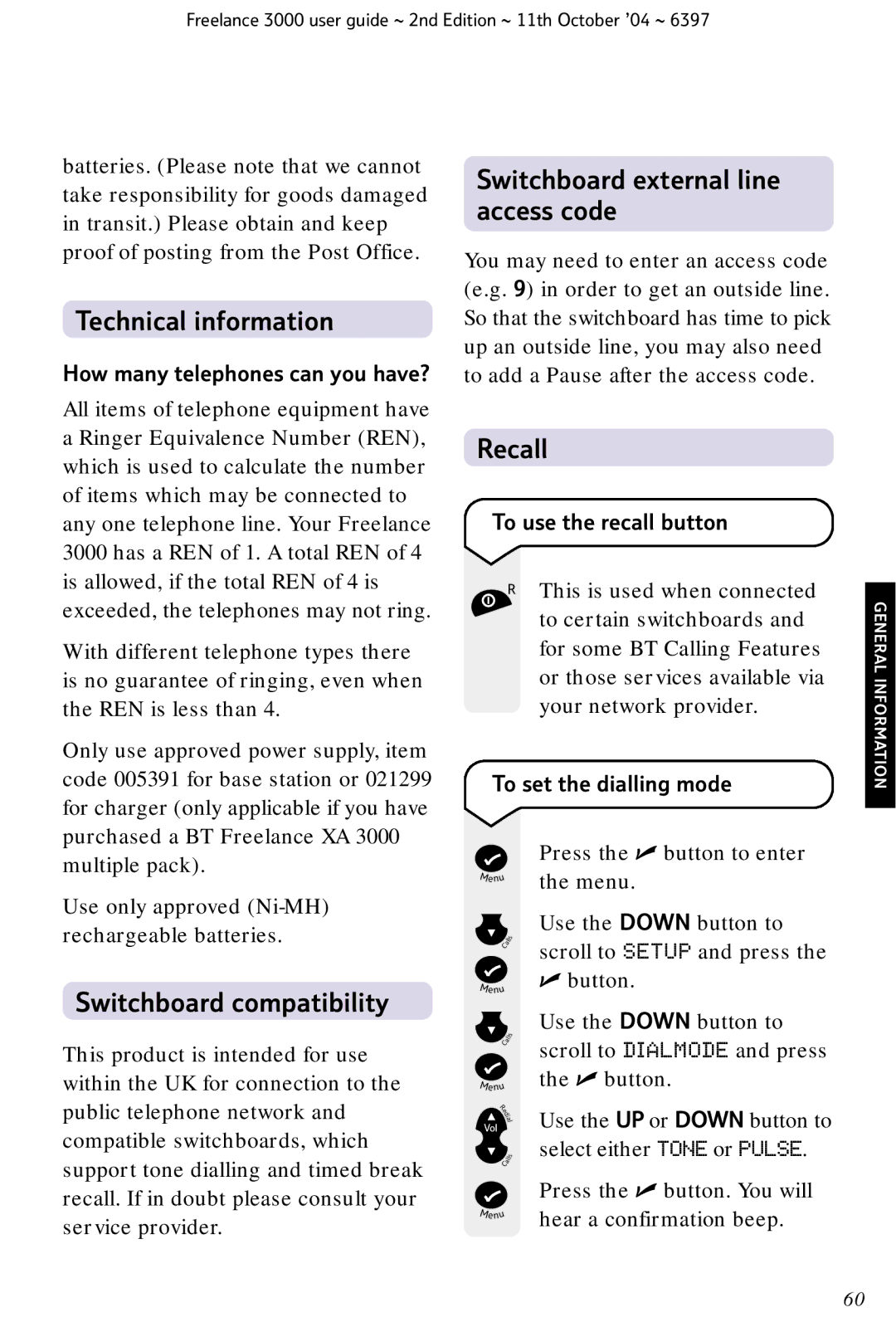 BT XA 3000 manual Technical information, Switchboard compatibility, Switchboard external line access code, Recall 