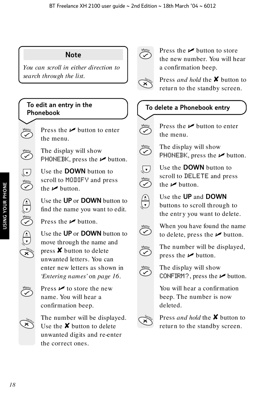 BT XH 2100 manual To edit an entry Phonebook, To delete a Phonebook entry 