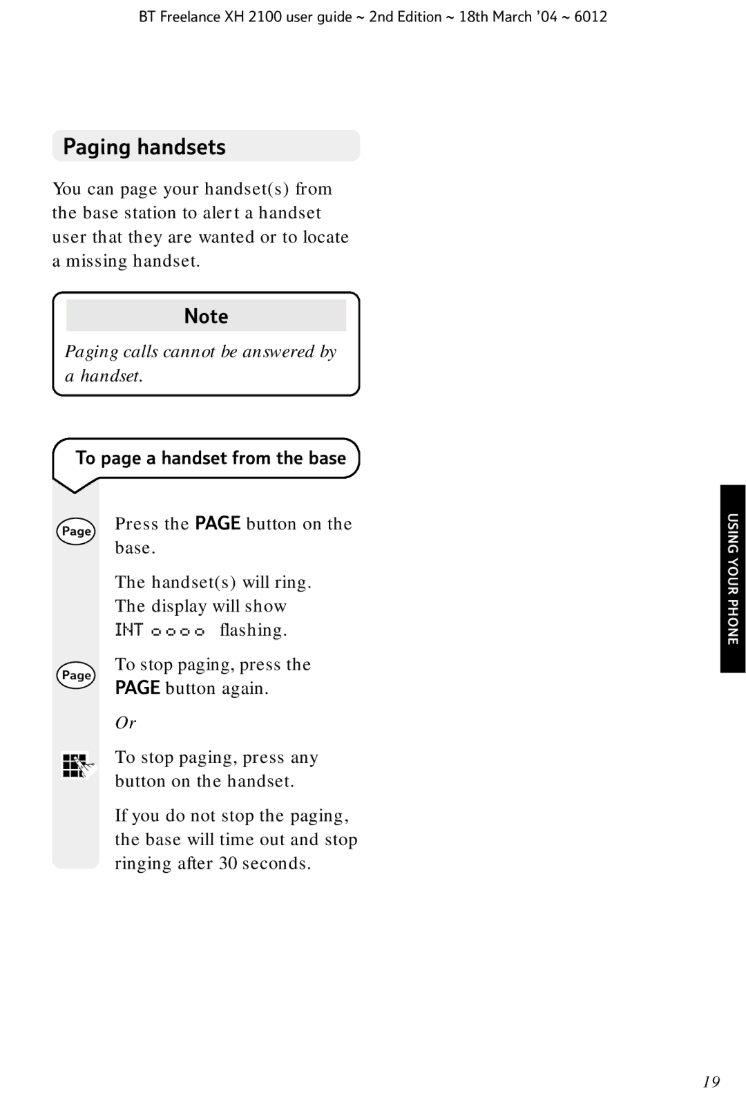 BT XH 2100 manual Paging handsets, To page a handset from the base 