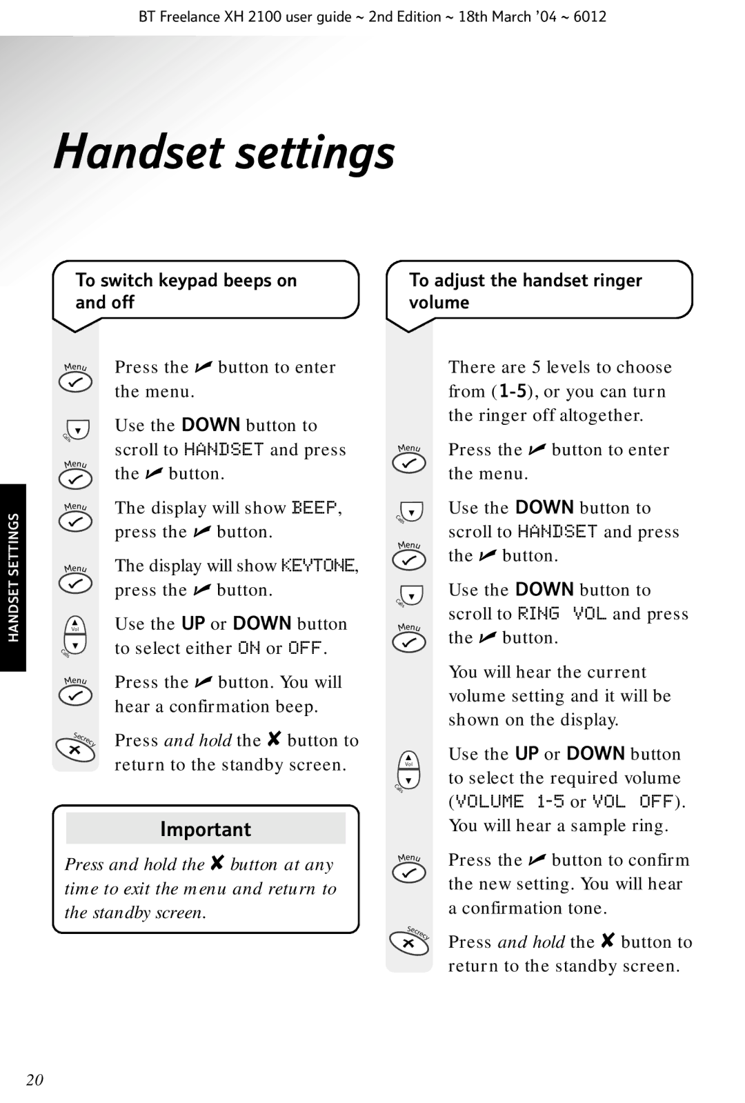 BT XH 2100 manual Handset settings, To switch keypad beeps on and off 