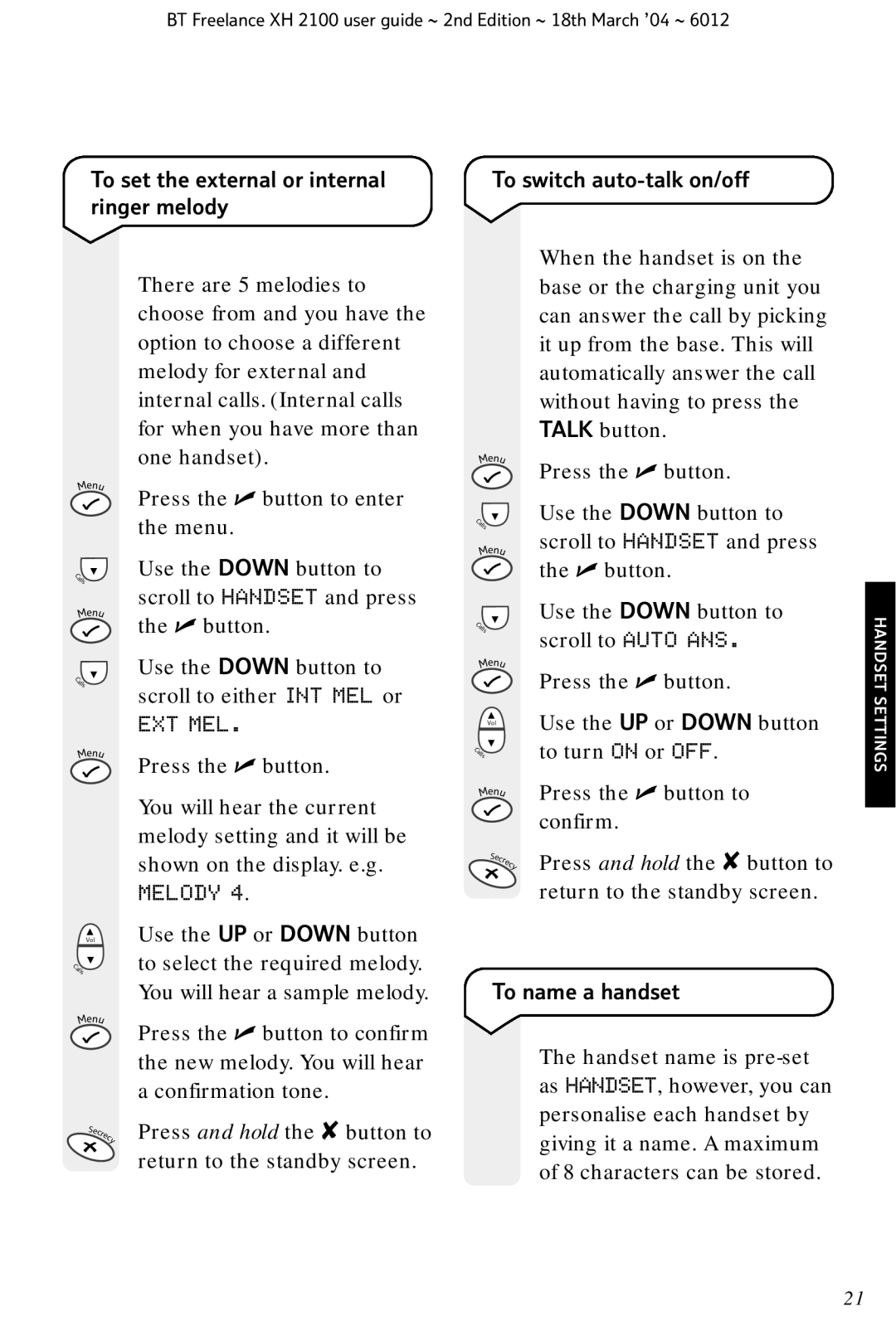 BT XH 2100 manual Ext Mel, To name a handset 