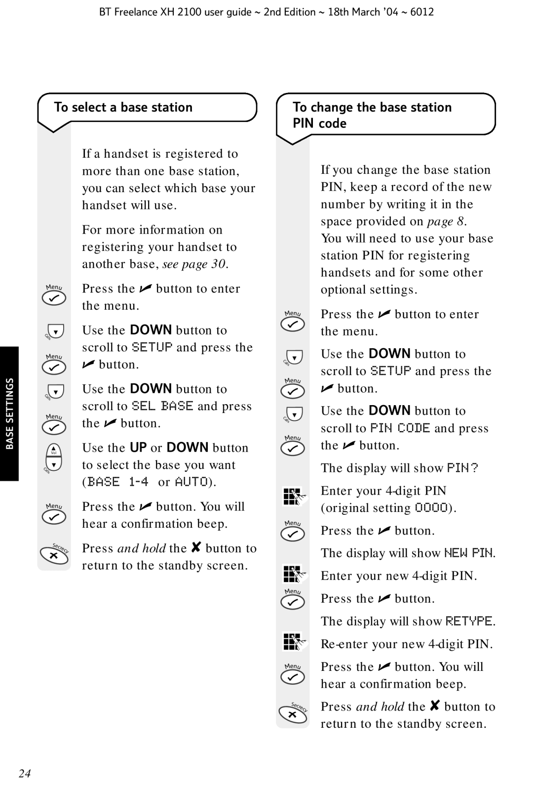 BT XH 2100 manual To select a base station To change the base station PIN code 