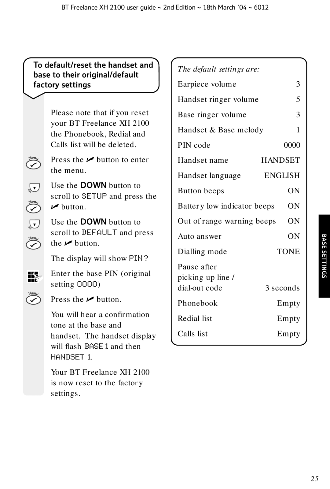 BT XH 2100 manual Handset 