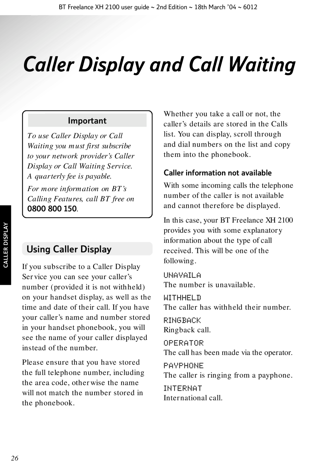 BT XH 2100 manual Using Caller Display, Caller information not available 