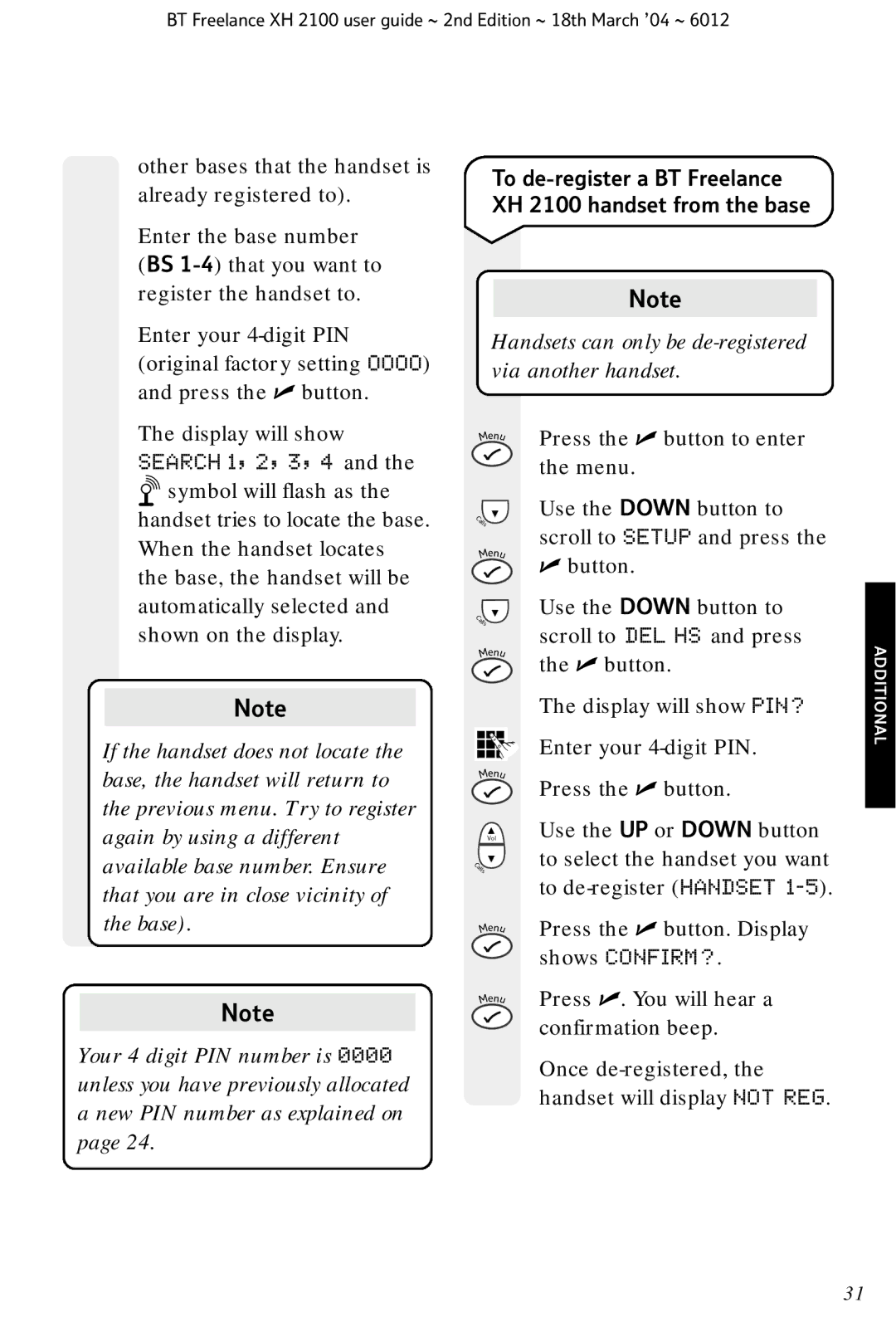 BT manual To de-register a BT Freelance XH 2100 handset from the base 