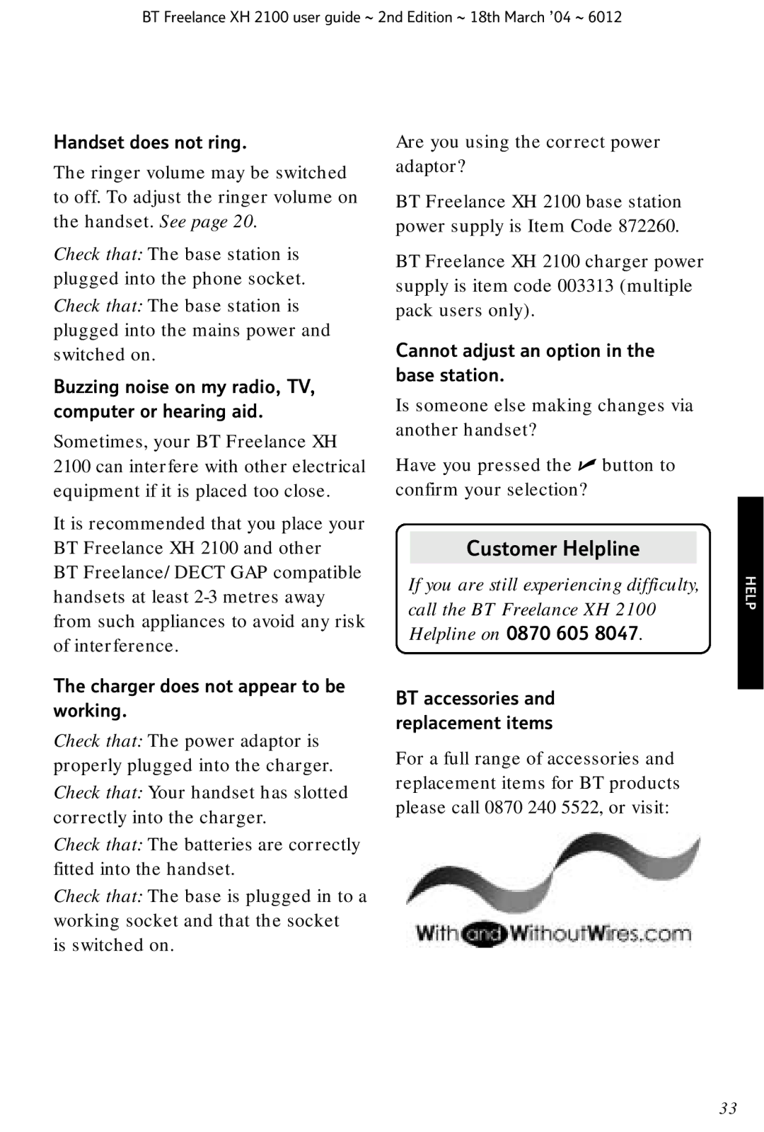 BT XH 2100 manual Handset does not ring, Buzzing noise on my radio, TV, computer or hearing aid 