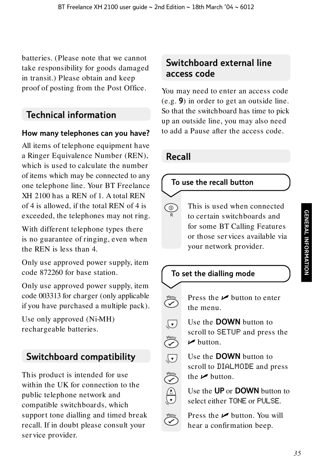 BT XH 2100 manual Technical information, Switchboard compatibility, Switchboard external line access code, Recall 