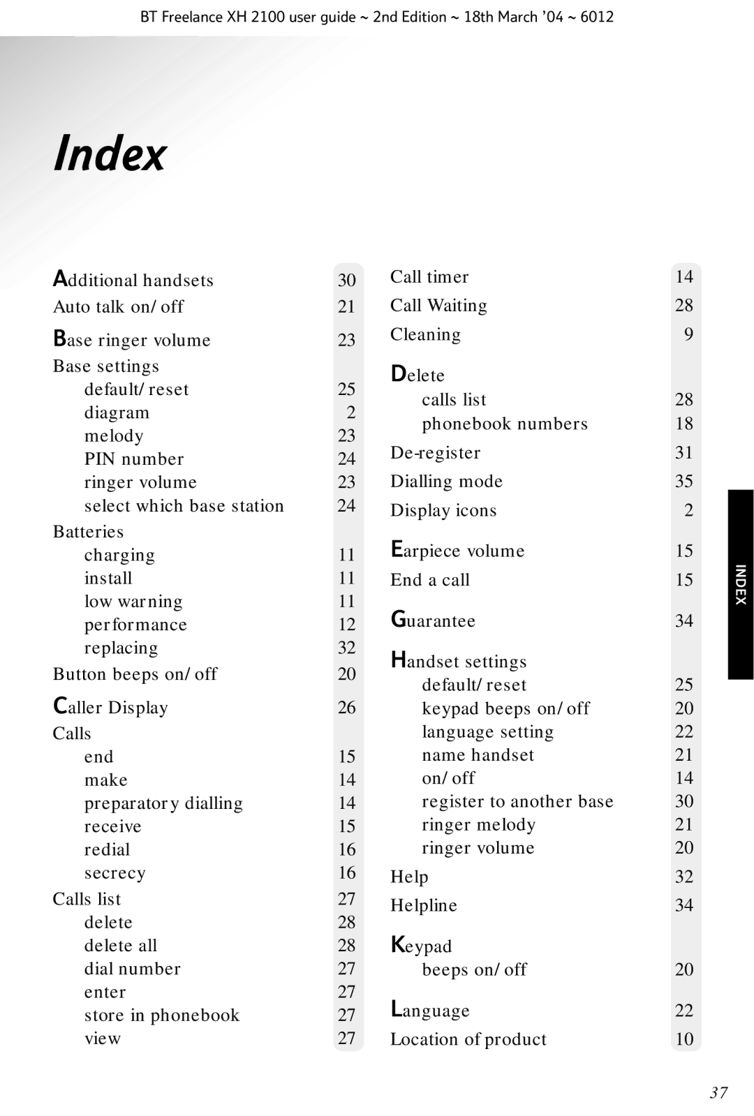 BT XH 2100 manual Index 