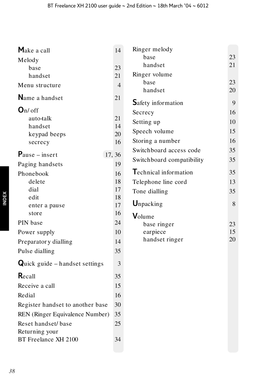 BT XH 2100 manual Index 