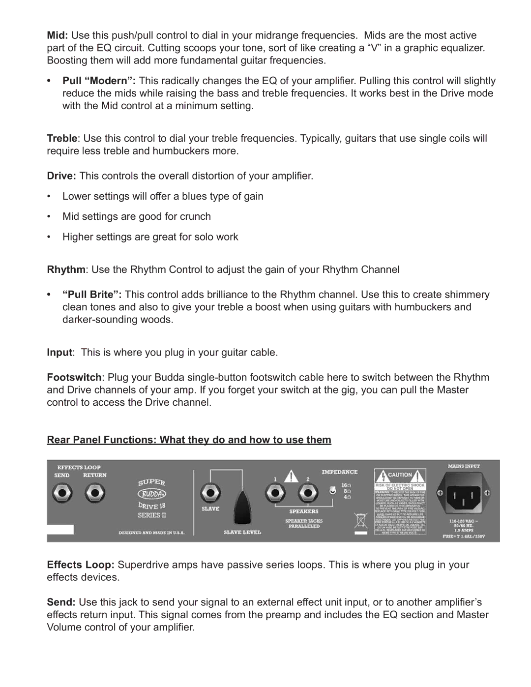 Budda SD18, SD45, SD30, SD80 manual Rear Panel Functions What they do and how to use them 