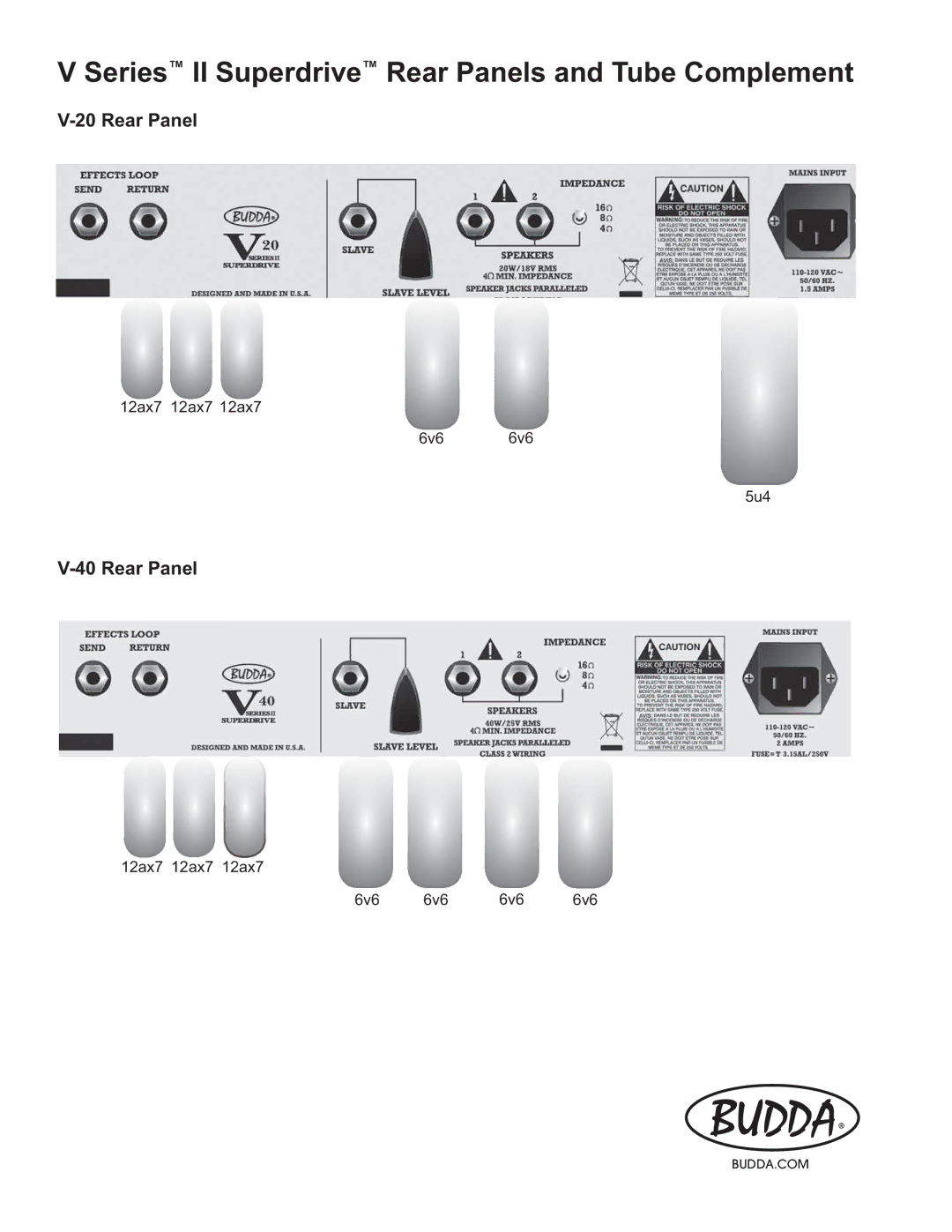 Budda V-20, V-40, 112 COMBO, HEAD, 212 COMBO manual Series II Superdrive Rear Panels and Tube Complement 