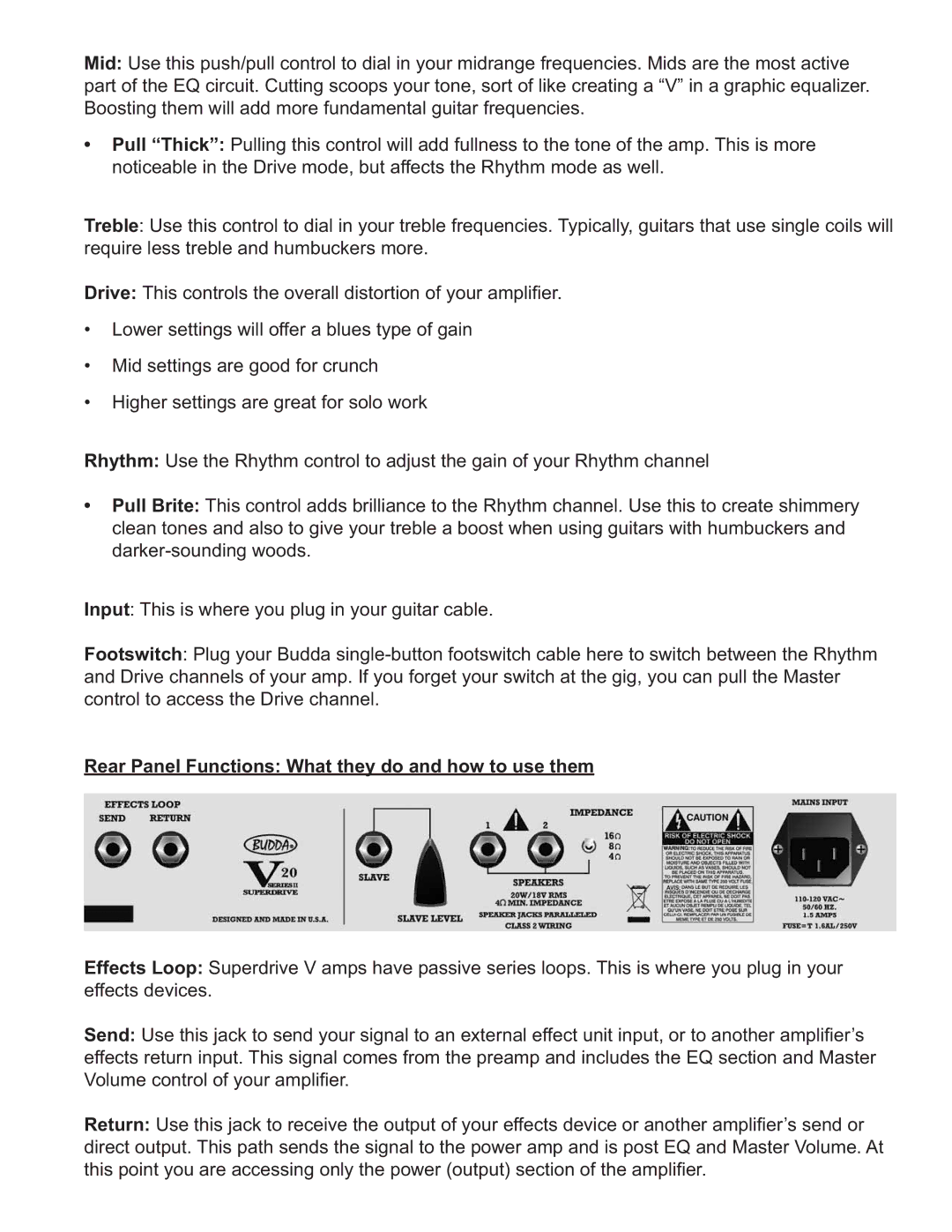 Budda HEAD, V-40, V-20, 112 COMBO, 212 COMBO manual Rear Panel Functions What they do and how to use them 