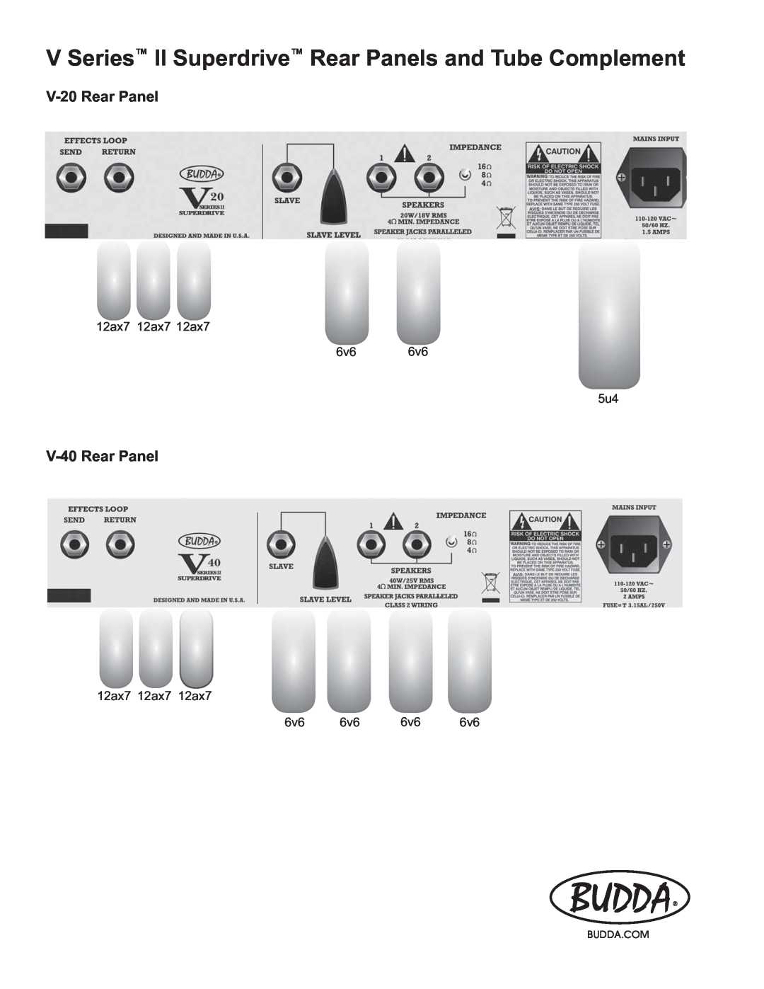 Budda HEAD V-20 Rear Panel, V-40 Rear Panel, V Series II Superdrive Rear Panels and Tube Complement, 12ax7 12ax7 12ax7 