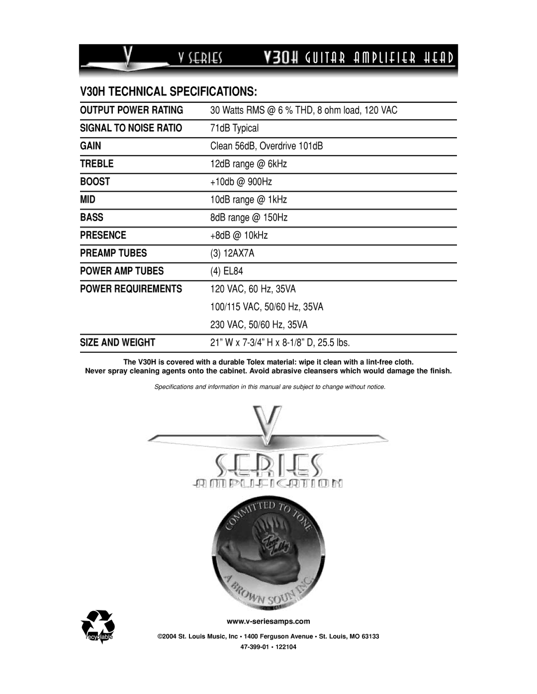 Budda manual V30H Technical Specifications 