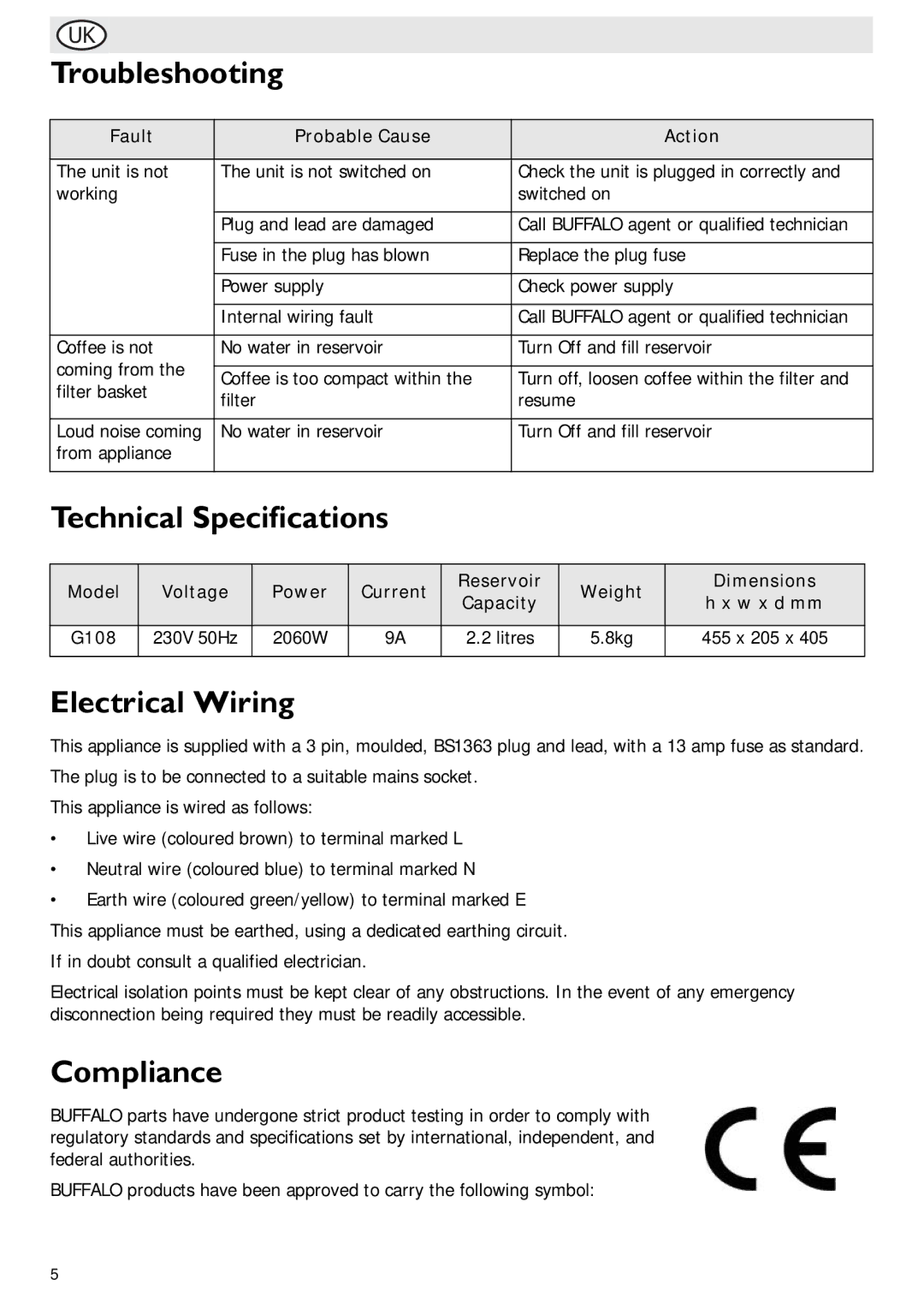 Buffalo Import G108 manual Troubleshooting, Technical Specifications, Electrical Wiring, Compliance 