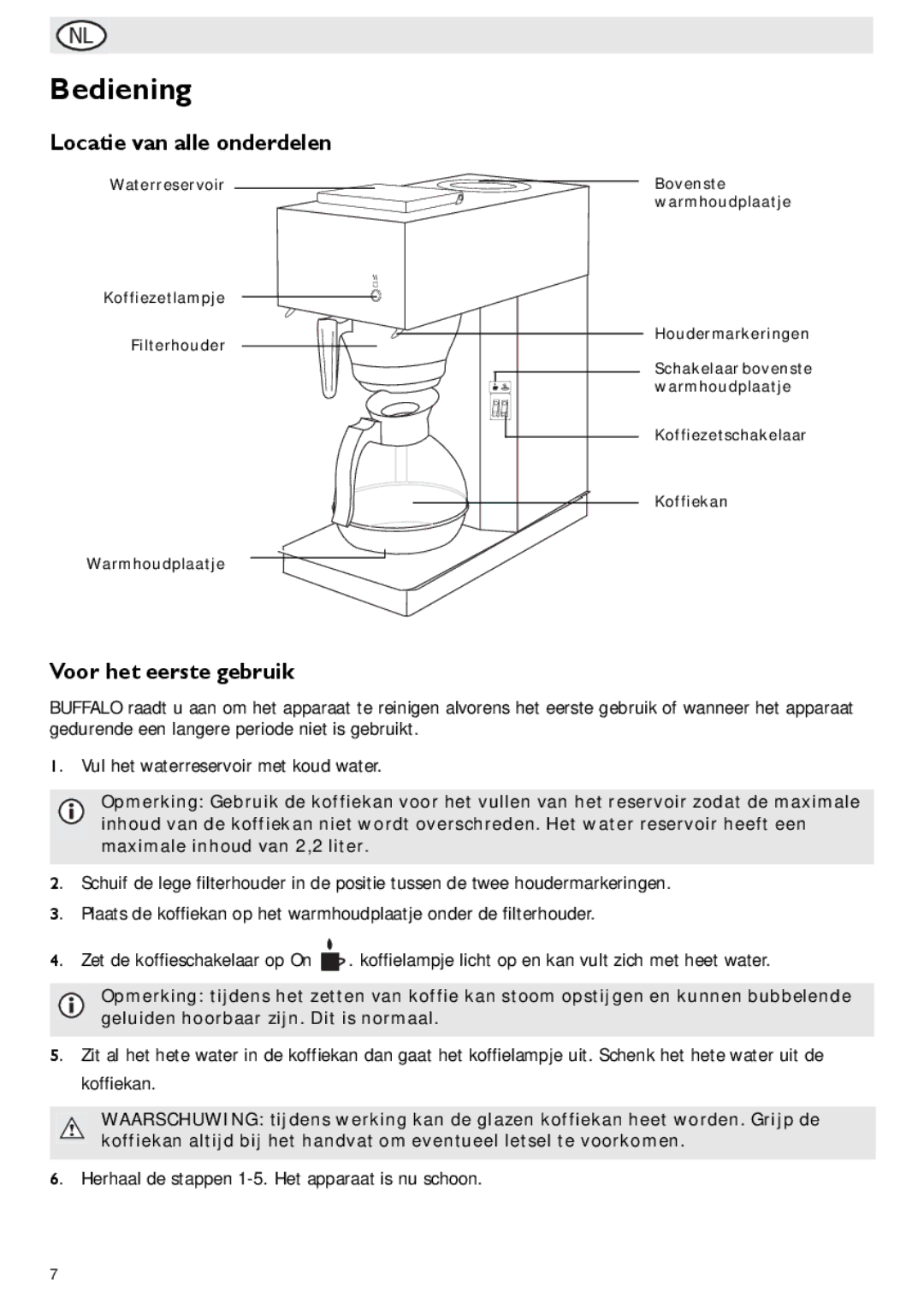 Buffalo Import G108 manual Bediening, Locatie van alle onderdelen, Voor het eerste gebruik 