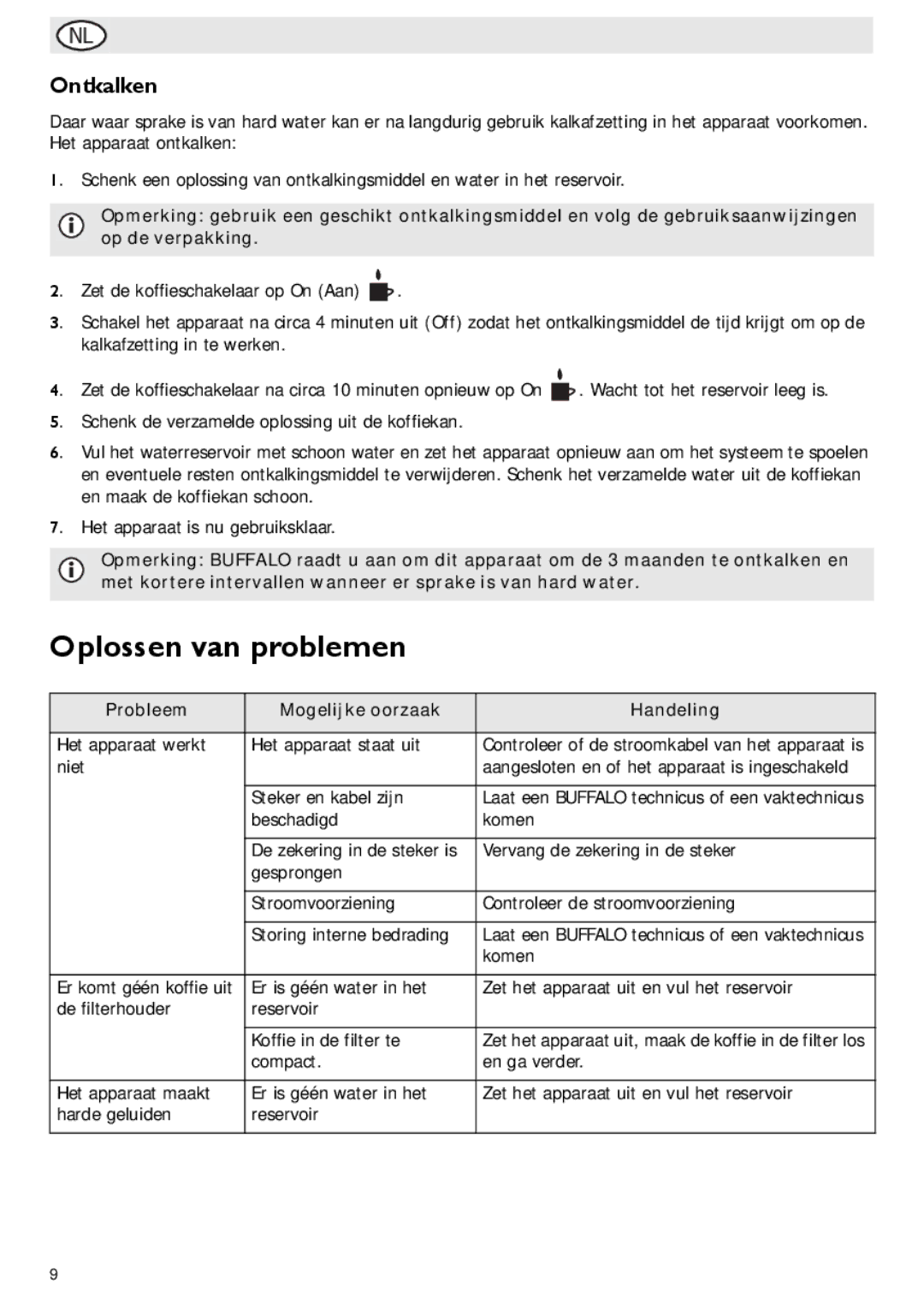 Buffalo Import G108 manual Oplossen van problemen, Ontkalken, Probleem Mogelijke oorzaak Handeling 