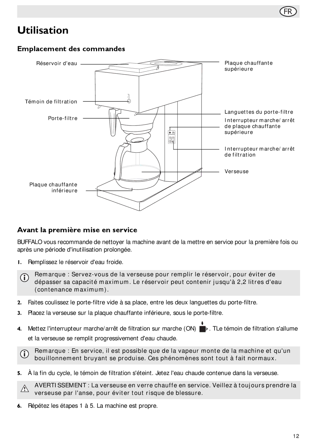 Buffalo Import G108 manual Utilisation, Emplacement des commandes, Avant la première mise en service 