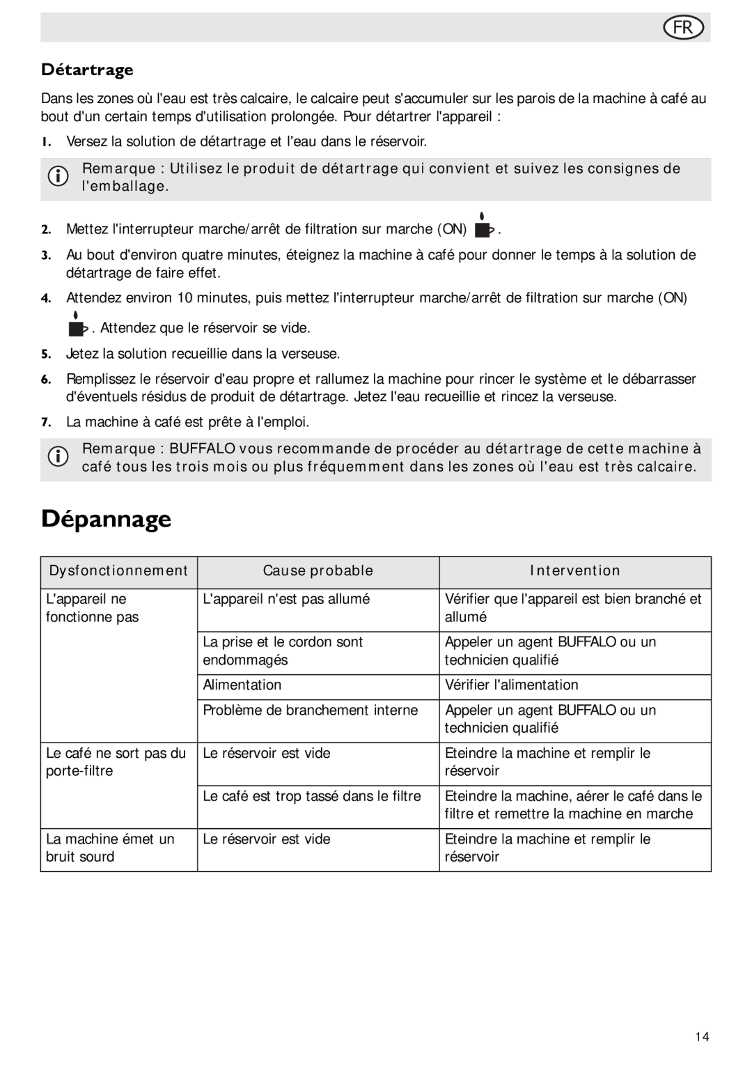 Buffalo Import G108 manual Dépannage, Détartrage, Cause probable Intervention 