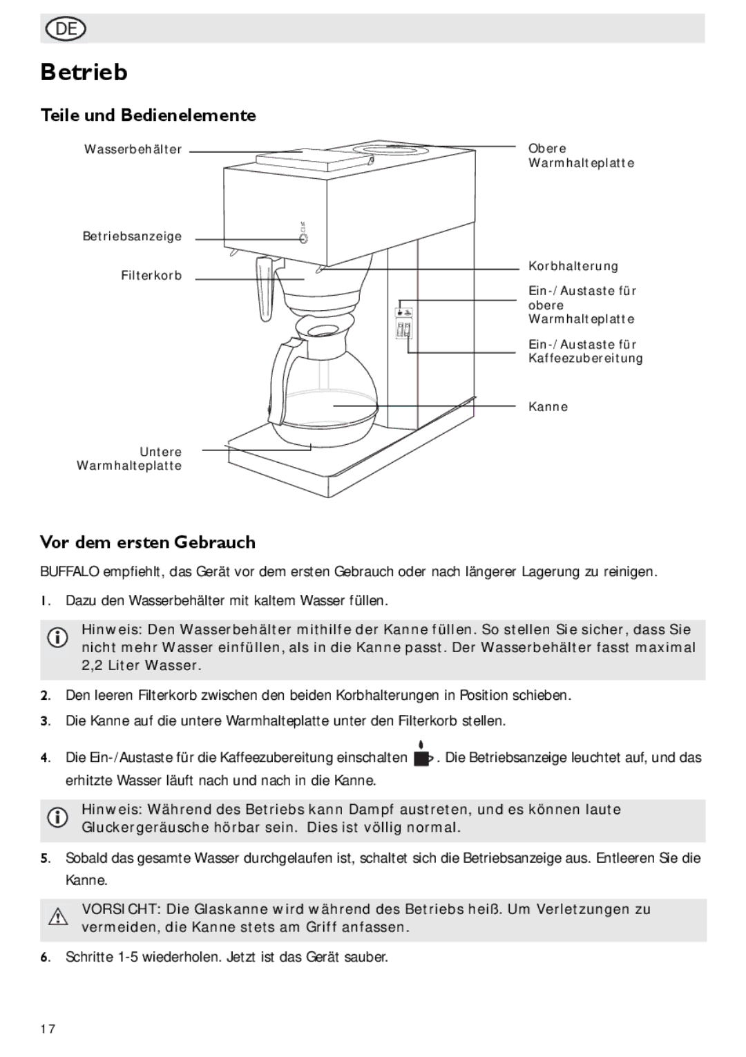 Buffalo Import G108 manual Betrieb, Teile und Bedienelemente, Vor dem ersten Gebrauch 