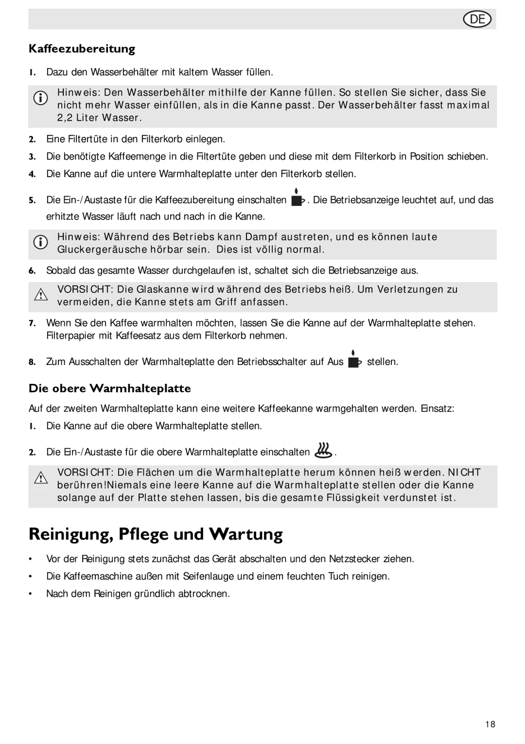 Buffalo Import G108 manual Reinigung, Pflege und Wartung, Kaffeezubereitung, Die obere Warmhalteplatte 