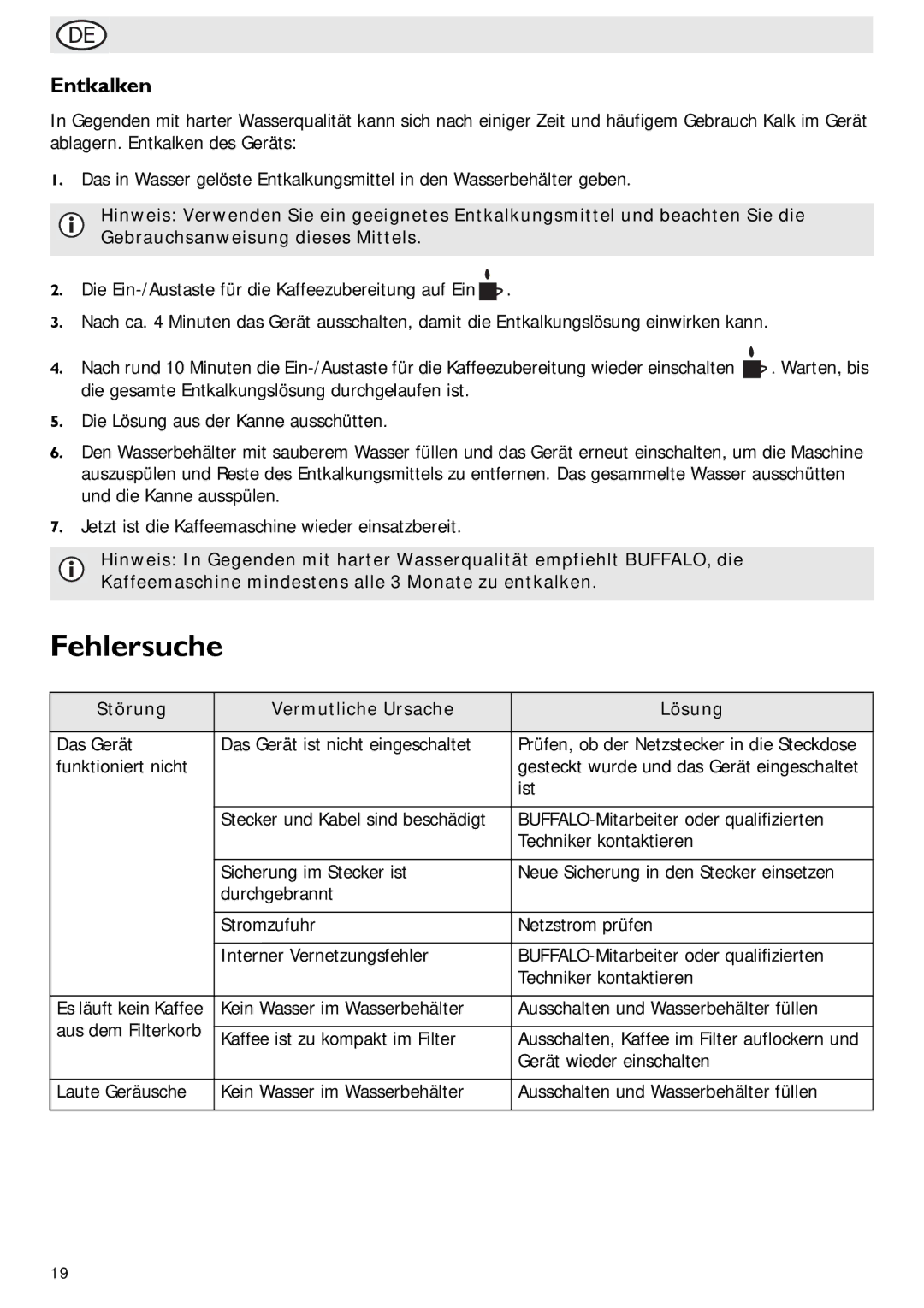 Buffalo Import G108 manual Fehlersuche, Entkalken, Störung Vermutliche Ursache Lösung 