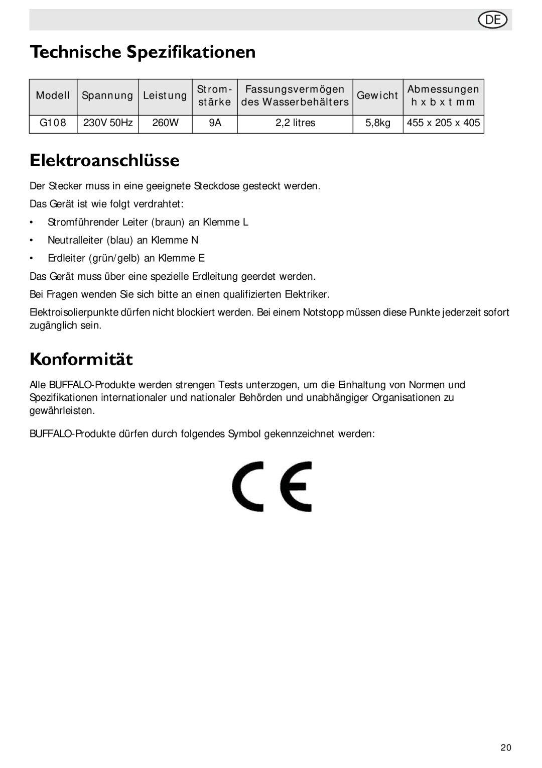 Buffalo Import G108 manual Technische Spezifikationen, Elektroanschlüsse, Konformität 