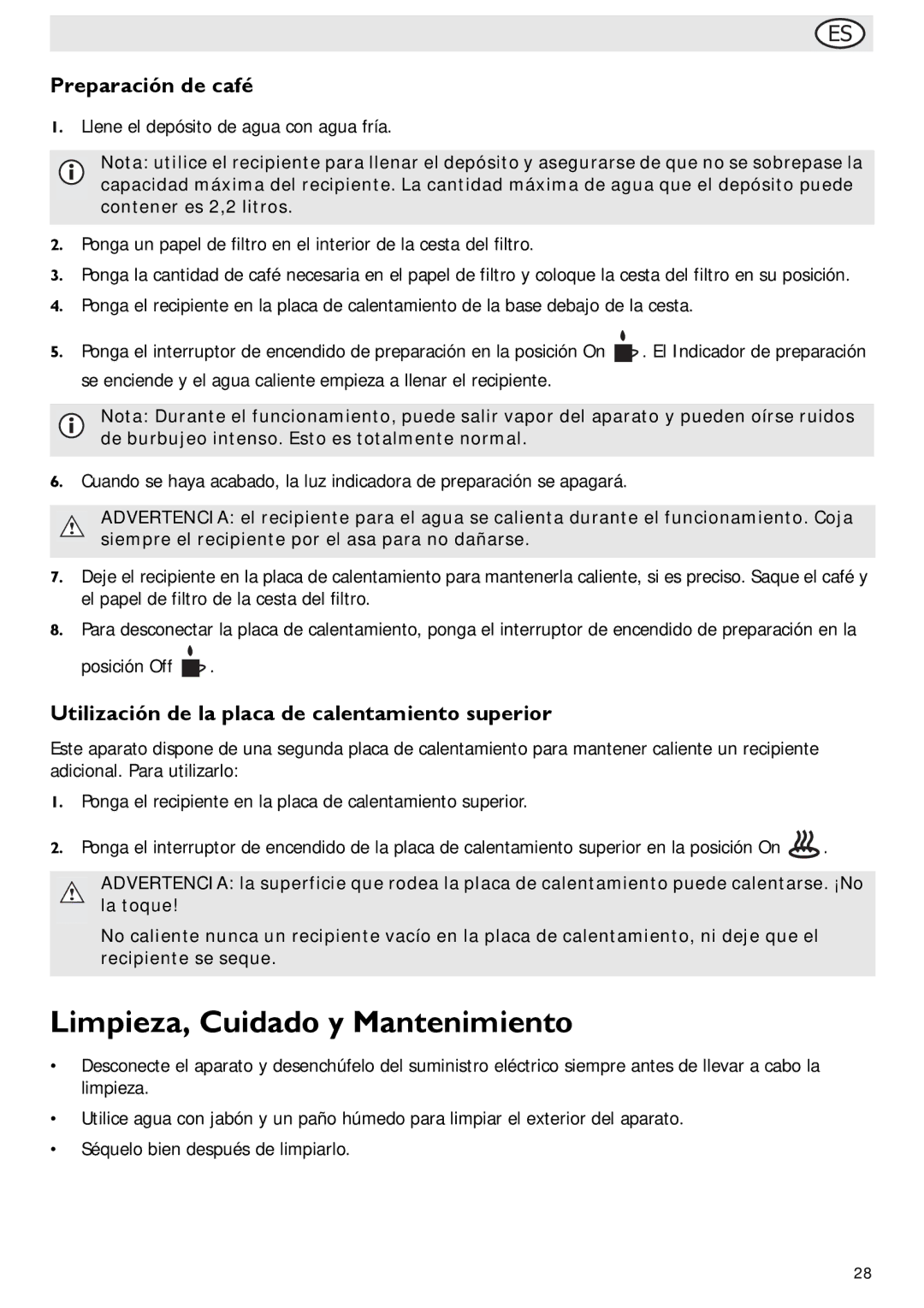 Buffalo Import G108 manual Limpieza, Cuidado y Mantenimiento, Preparación de café 