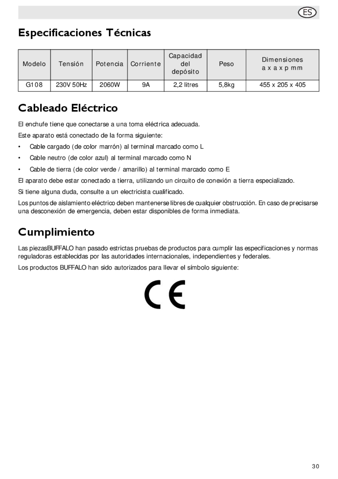 Buffalo Import G108 manual Especificaciones Técnicas, Cableado Eléctrico, Cumplimiento, Capacidad Dimensiones, Del Peso 