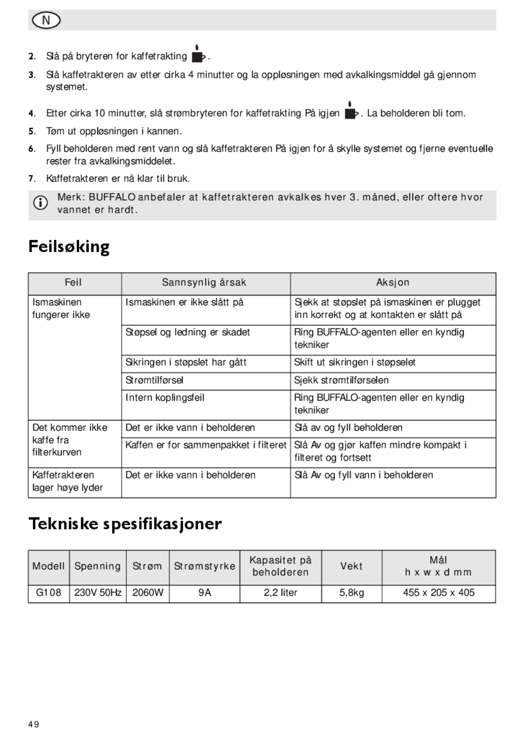 Buffalo Import G108 manual Feilsøking, Tekniske spesifikasjoner, Feil Sannsynlig årsak Aksjon, Modell Spenning Strøm 