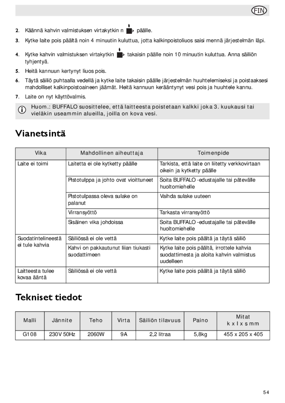 Buffalo Import manual Vianetsintä, Tekniset tiedot, Vika Mahdollinen aiheuttaja Toimenpide, G108 230V 50Hz 