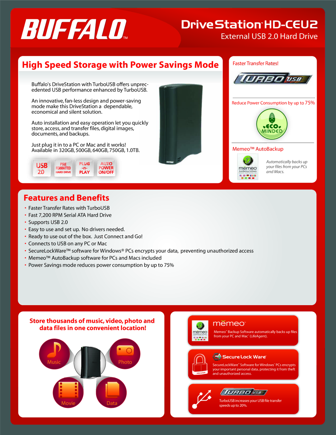 Buffalo Technology HD-CEU2 manual Features and Benefits, Faster Transfer Rates Memeo AutoBackup 