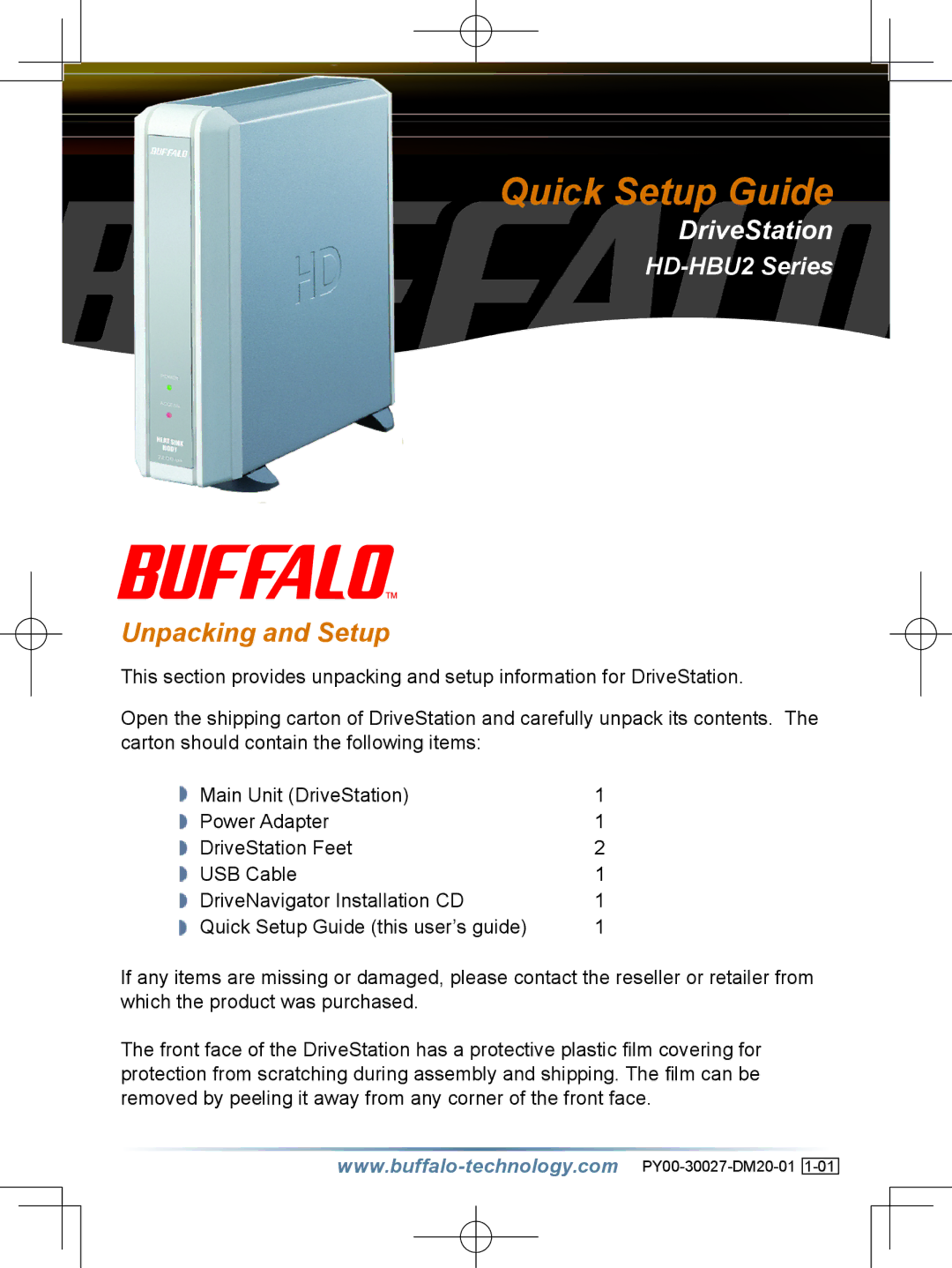 Buffalo Technology HD-HBU2 setup guide Quick Setup Guide, Unpacking and Setup 