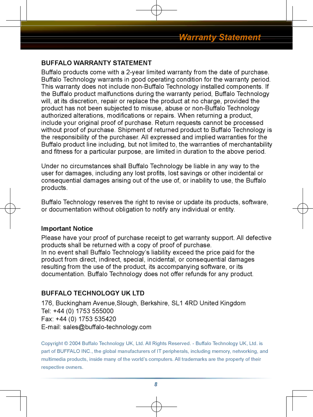 Buffalo Technology HD-HBU2 setup guide Buffalo Warranty Statement 