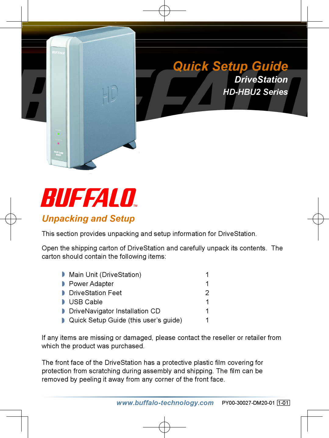 Buffalo Technology setup guide Unpacking and Setup, Quick Setup Guide, DriveStation, HD-HBU2 Series 
