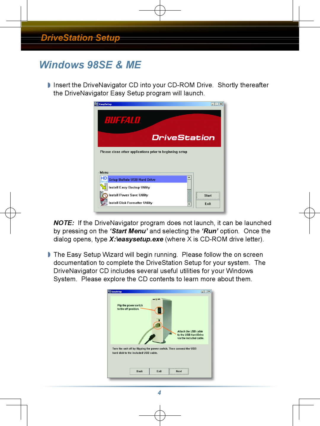 Buffalo Technology HD-HBU2 setup guide Windows 98SE & ME, DriveStation Setup 