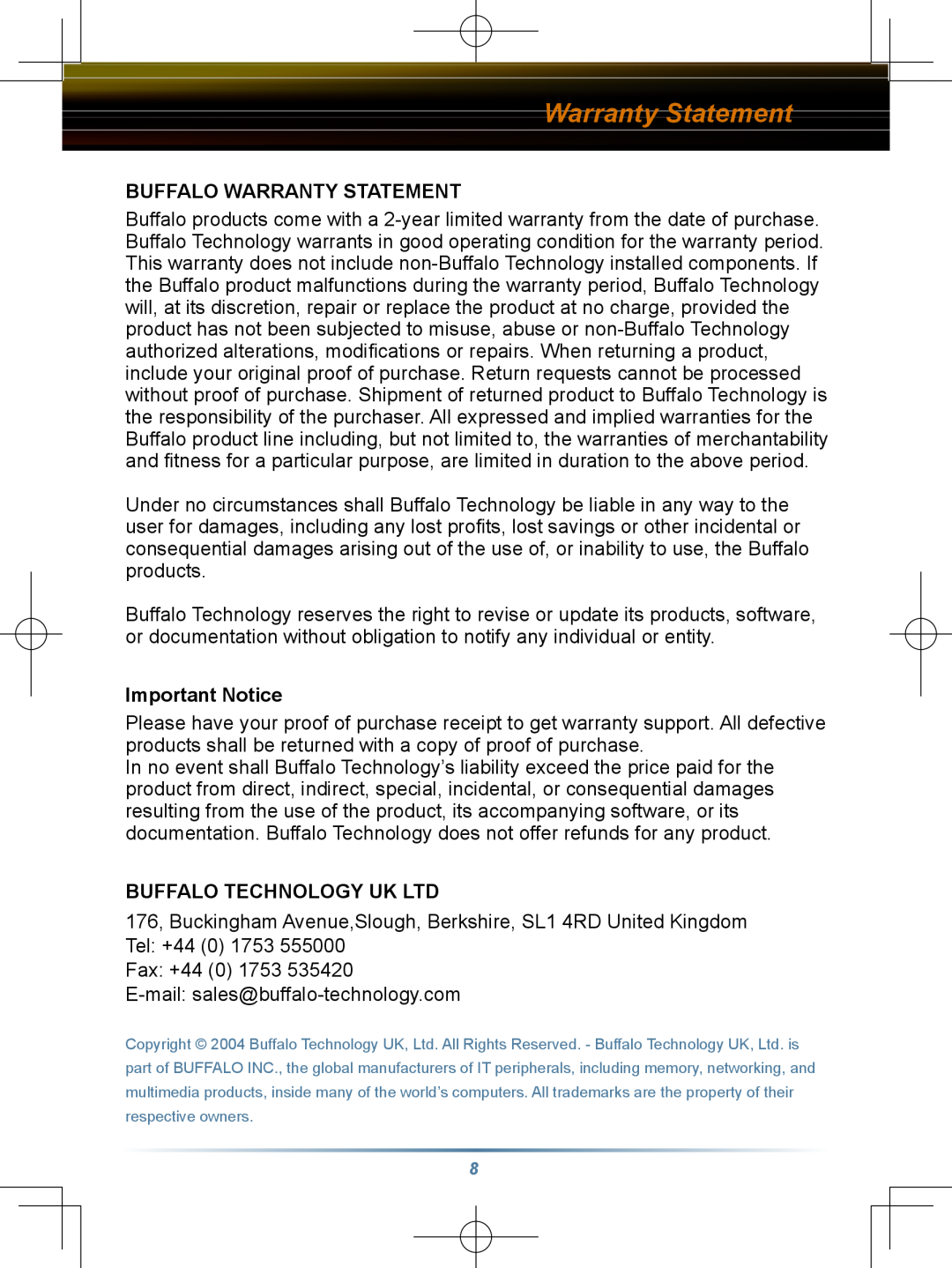 Buffalo Technology HD-HBU2 setup guide Buffalo Warranty Statement, Important Notice 