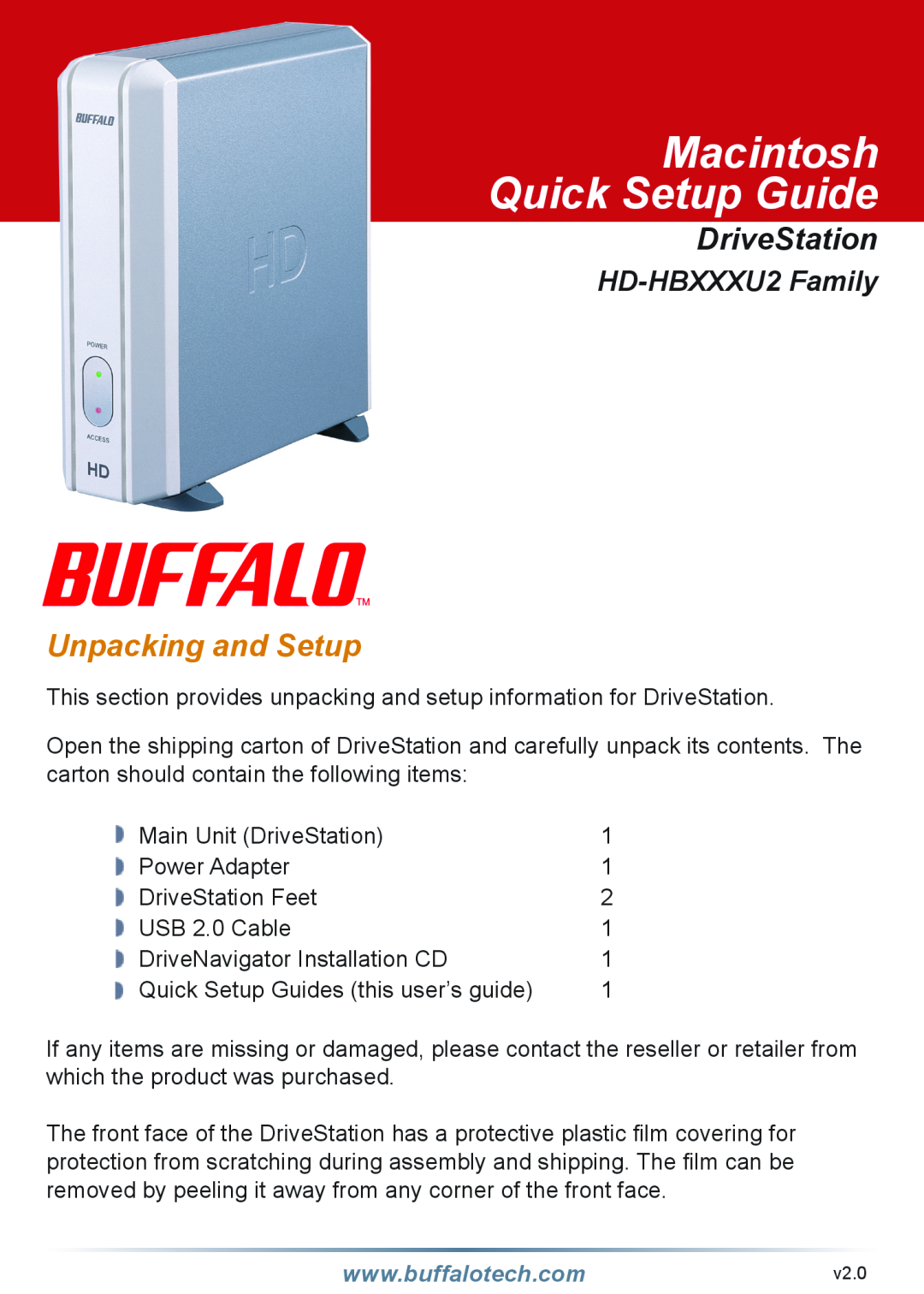 Buffalo Technology setup guide Unpacking and Setup, Macintosh Quick Setup Guide, DriveStation, HD-HBXXXU2Family 