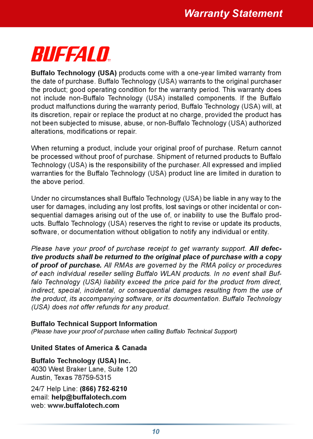 Buffalo Technology HD-HBXXXU2 Warranty Statement, Buffalo Technical Support Information, United States of America & Canada 