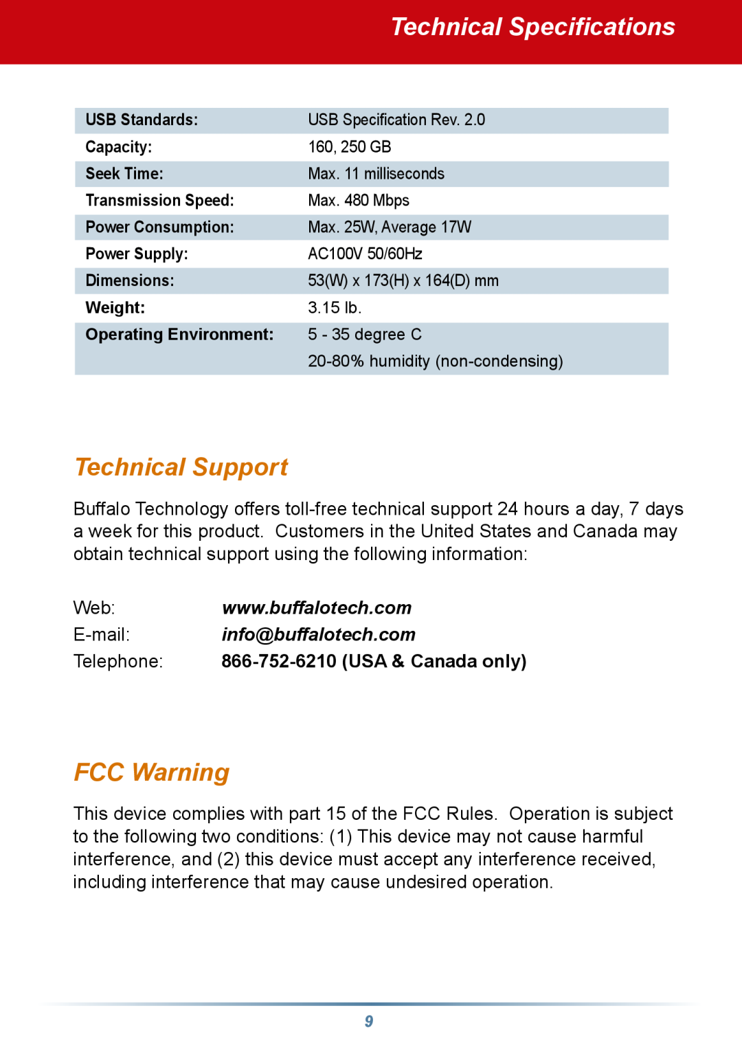 Buffalo Technology HD-HBXXXU2 Technical Specifications, Technical Support, FCC Warning, E-mail info@buffalotech.com 