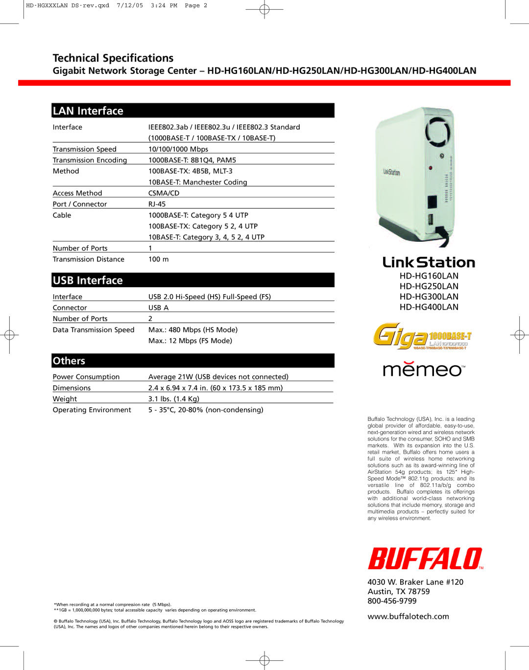 Buffalo Technology HD-HG160LAN manual LAN Interface, USB Interface, Others, 4030 W. Braker Lane #120 Austin, TX 78759 