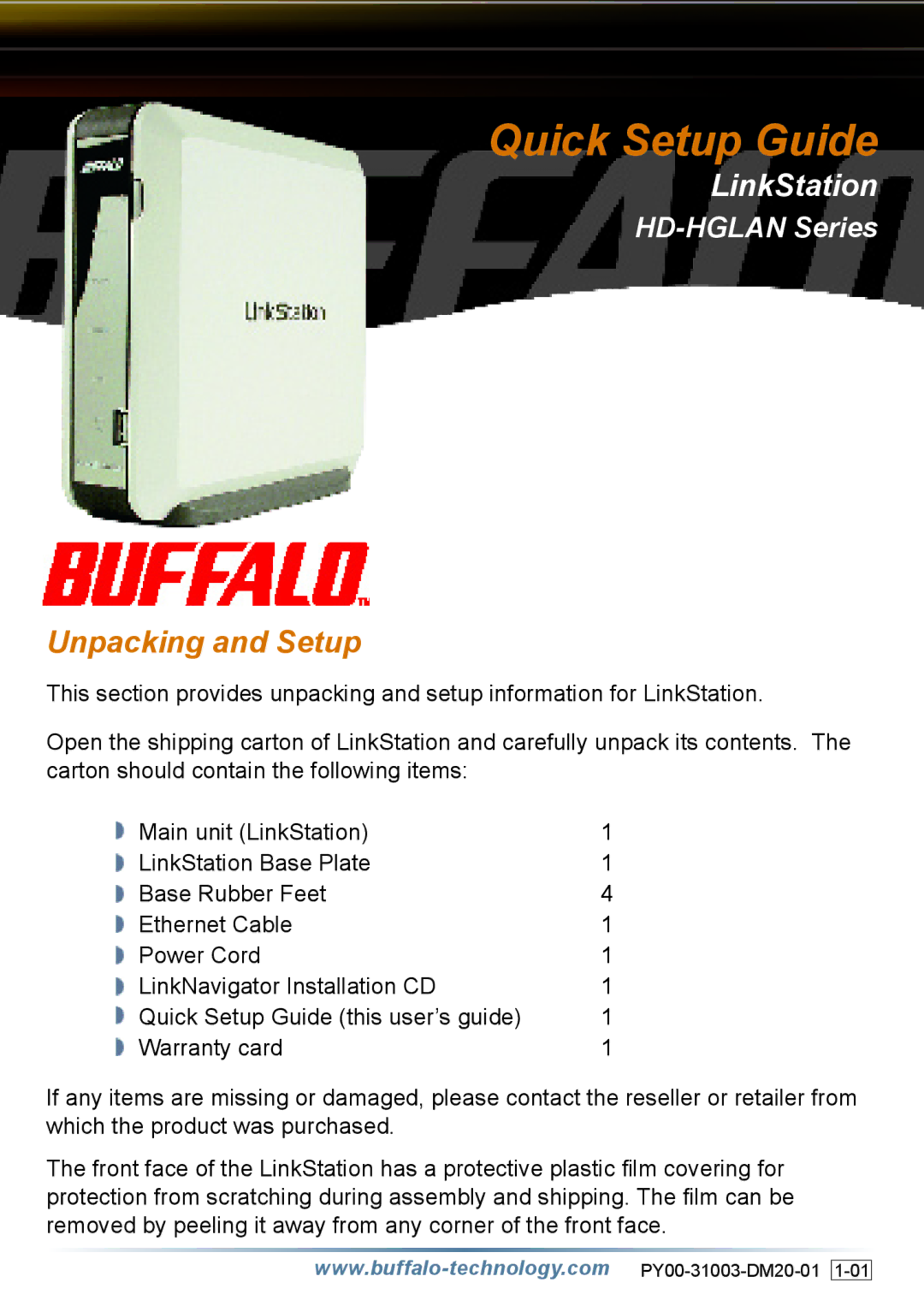 Buffalo Technology HD-HGLAN Series setup guide Quick Setup Guide, Unpacking and Setup 