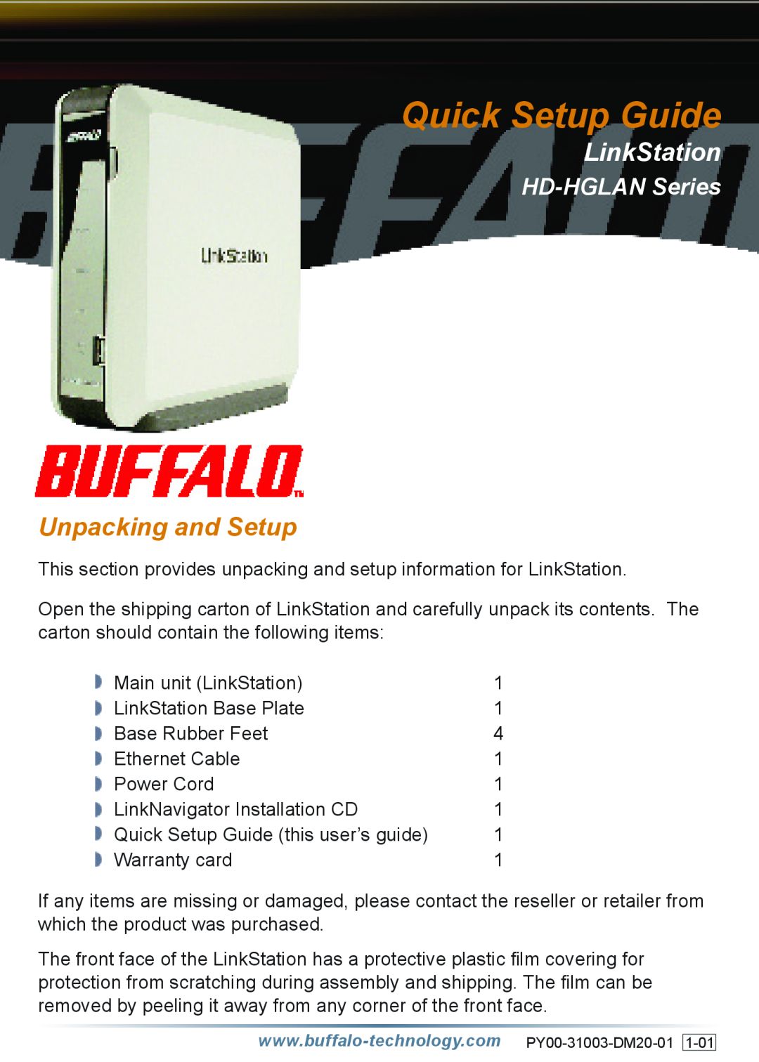 Buffalo Technology HD-HGLAN Series setup guide Unpacking and Setup, Quick Setup Guide, LinkStation 
