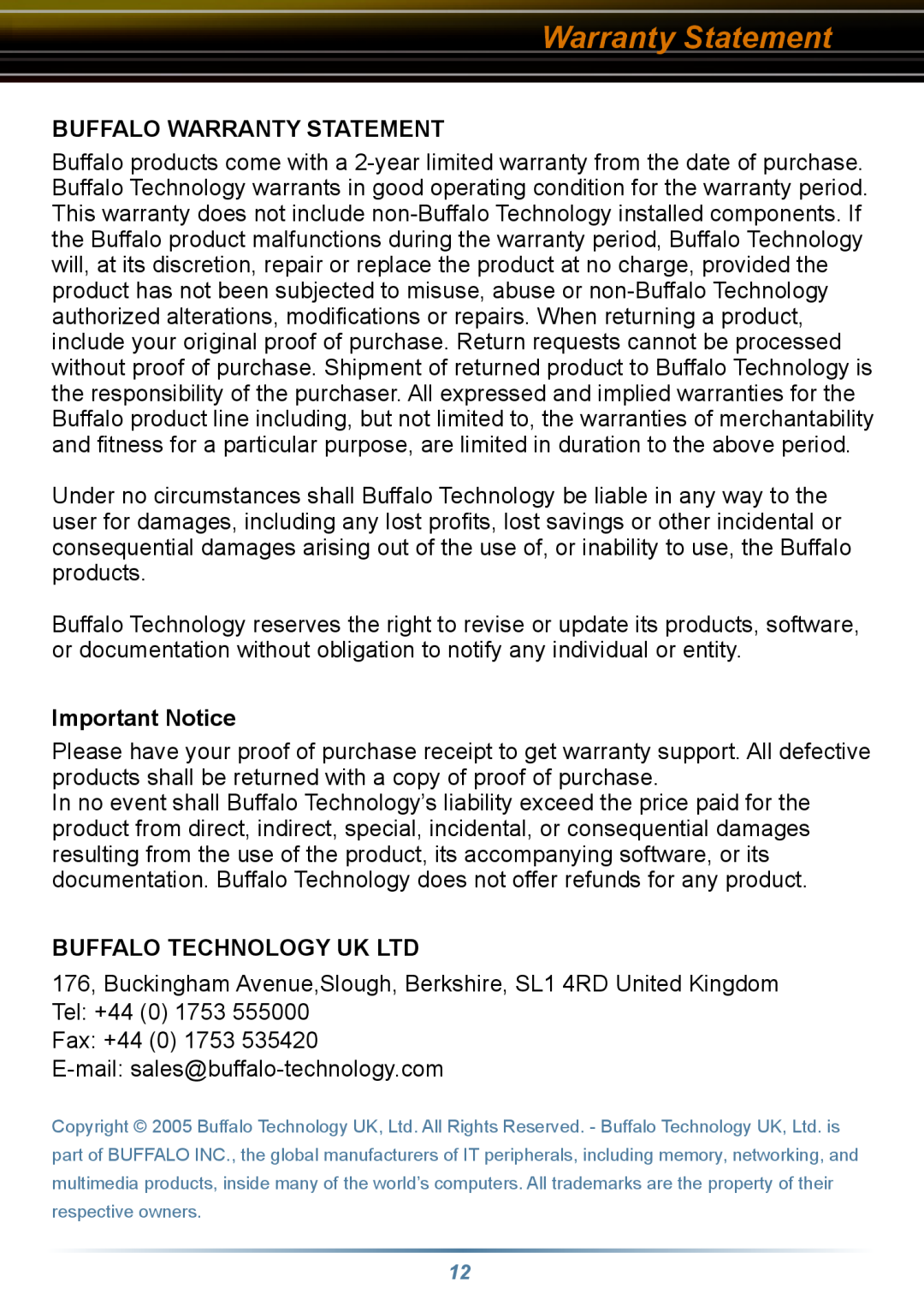 Buffalo Technology HD-HGLAN Series setup guide Buffalo Warranty Statement, Important Notice 