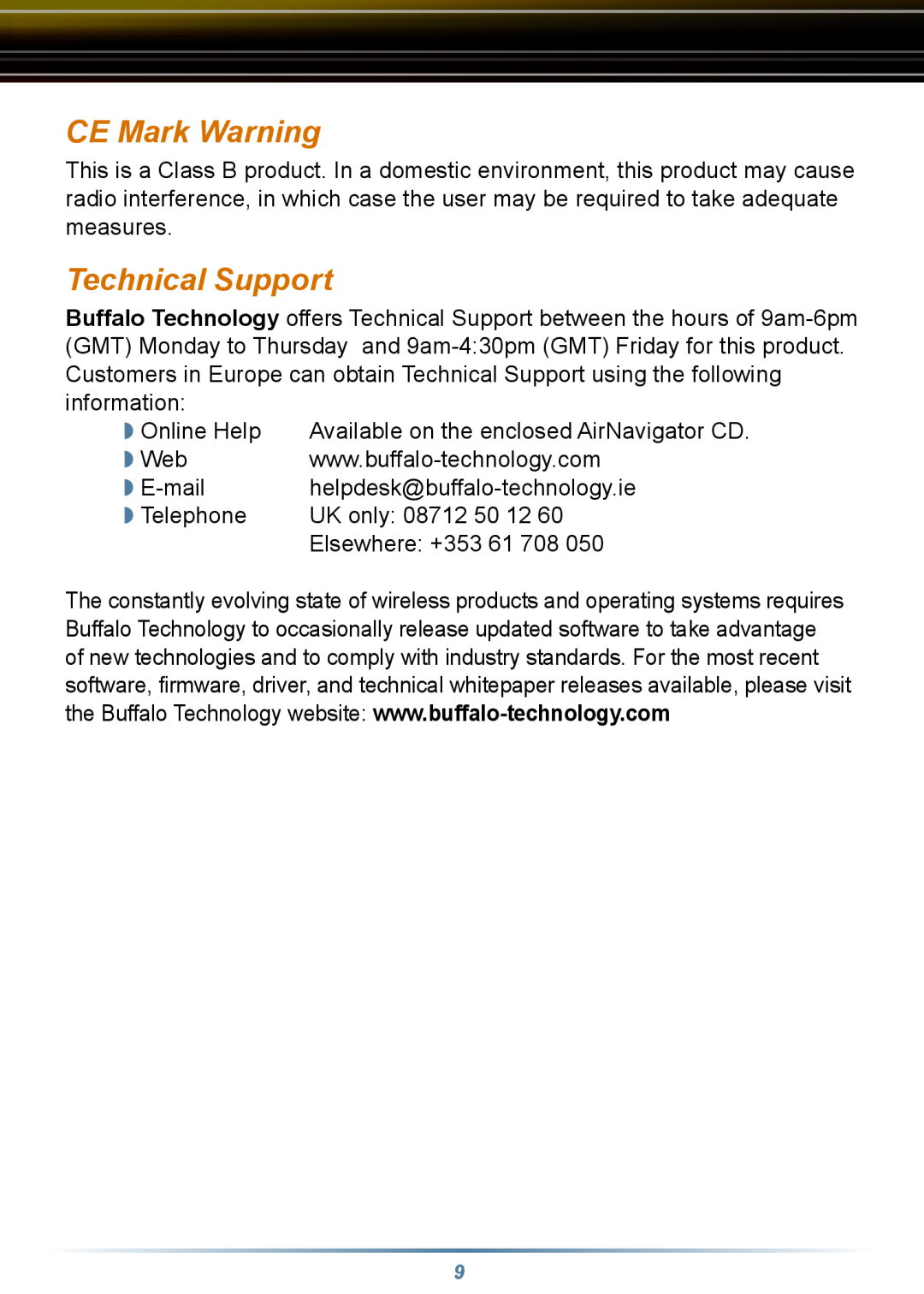 Buffalo Technology HD-HGLAN Series setup guide CE Mark Warning, Technical Support 